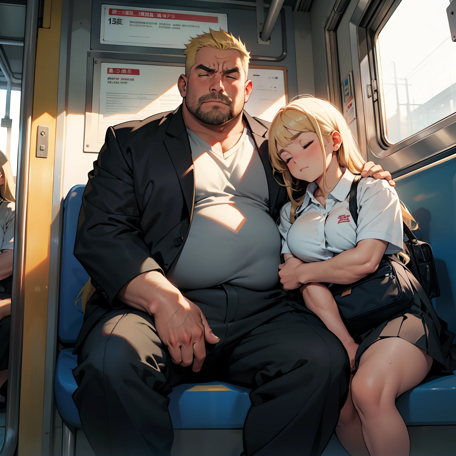 Blonde girl sleeping leaning on fat great-uncle shoulder,Sitting side by side,On the train,natta,Fat big man,Uncle,Fat Faced Man,Man with a big belly,Y shirt、Man in black slacks,Man with a troubled expression,Man with thick eyebrows,Red face,Sweating,petite girl in,Slender girl,flat chest,Girl sleeping while sitting,Defenseless girl,Girl in school uniform,Student bag at foot,returning home,pounding