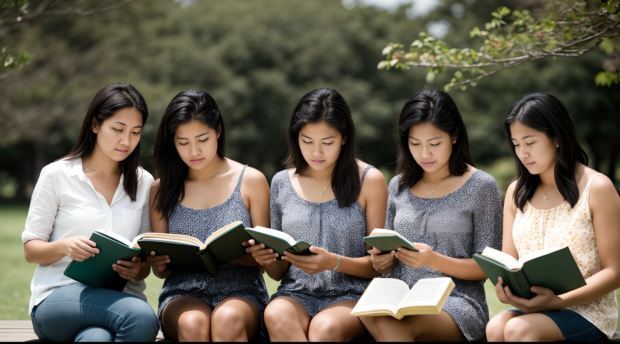 A candid shot capturing a group of women engrossed in their reading amidst a serene field, scholarly, focused, Canon EOS 5D Mark IV with 24-70mm f/2.8 lens, natural daylight, documentary photography.