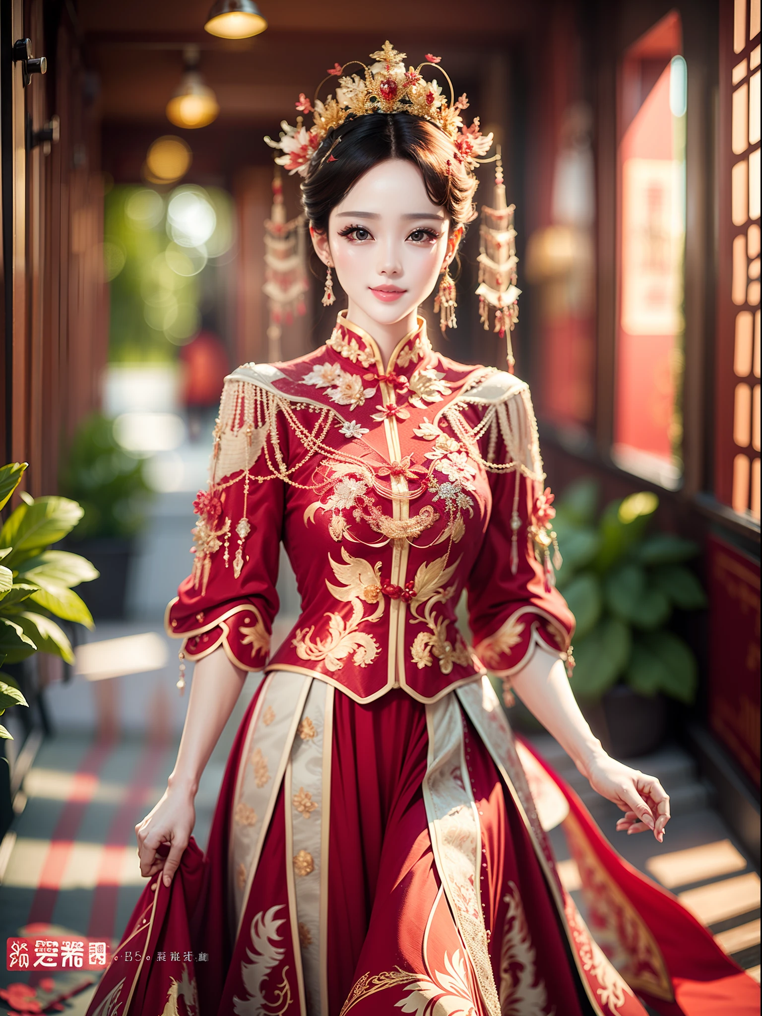 (ultra realistic 8k CG:1.2),perfect artwork,delicate pattern,intricate detail, (unparalleled masterpiece,best quality:1.2),(extremely intricate:1.2),a woman in a red and gold dress, Phoenix crown,hair stick,(sitting on red bed),Cosmetic,blush,shy,black_hair, looking down, Cosmetic,(forehead dot),(2 red candles), chinese_clothes, curtains, earrings, hair_ornament, hanfu, indoors, jewelry, red nails, long_sleeves, red dress, red lips, tassel, (Red quilt),(red palace:1.2),(ancient Chinese architecture),(red:1.8),night