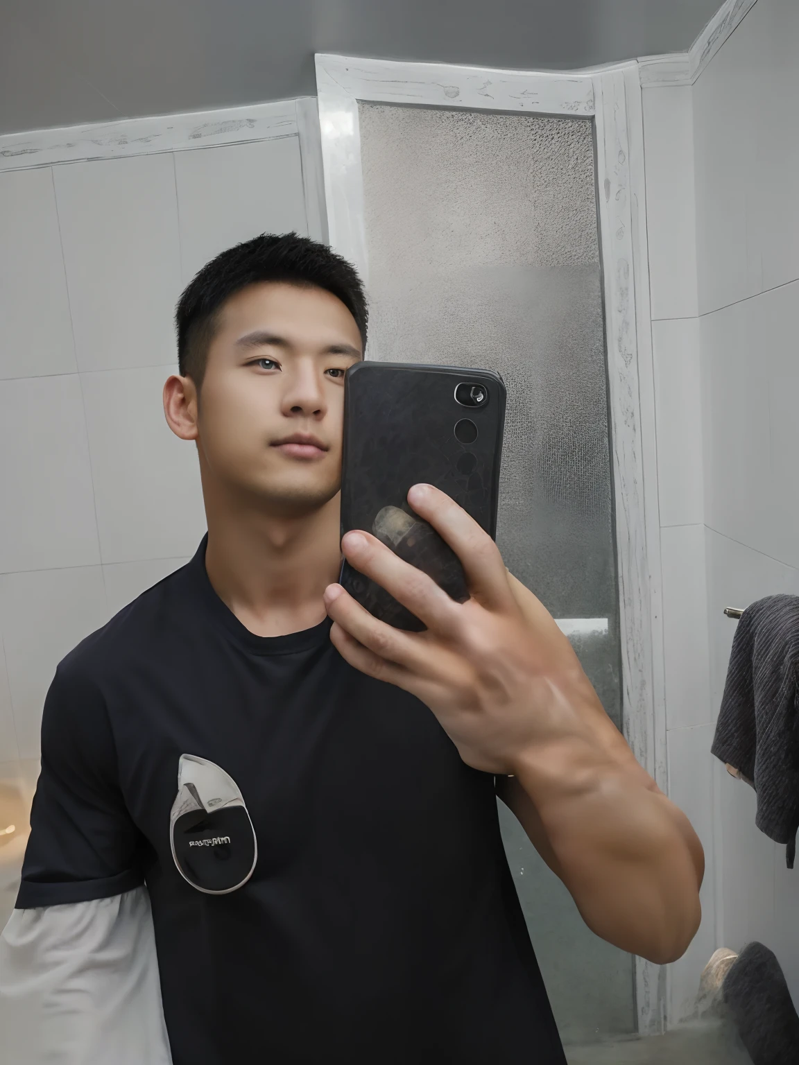 Andrew thomas huang, oval face, eyeglasses, neat muscular, messy hair, shirtless, taking shower, morning, (foam in body:1.2)