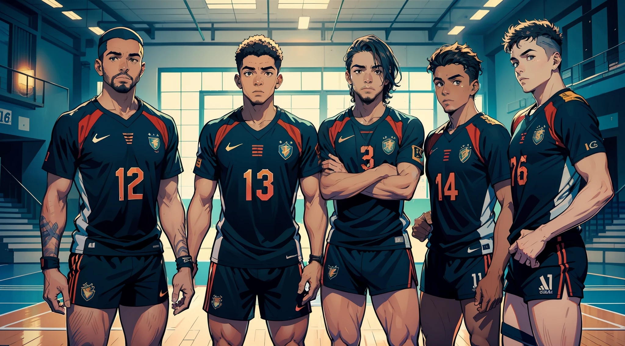 crie uma imagem que represente um jogo de voleibol, 6 jogadores de um lado, uma rede no meio da quadra,homens, 8k, 16k