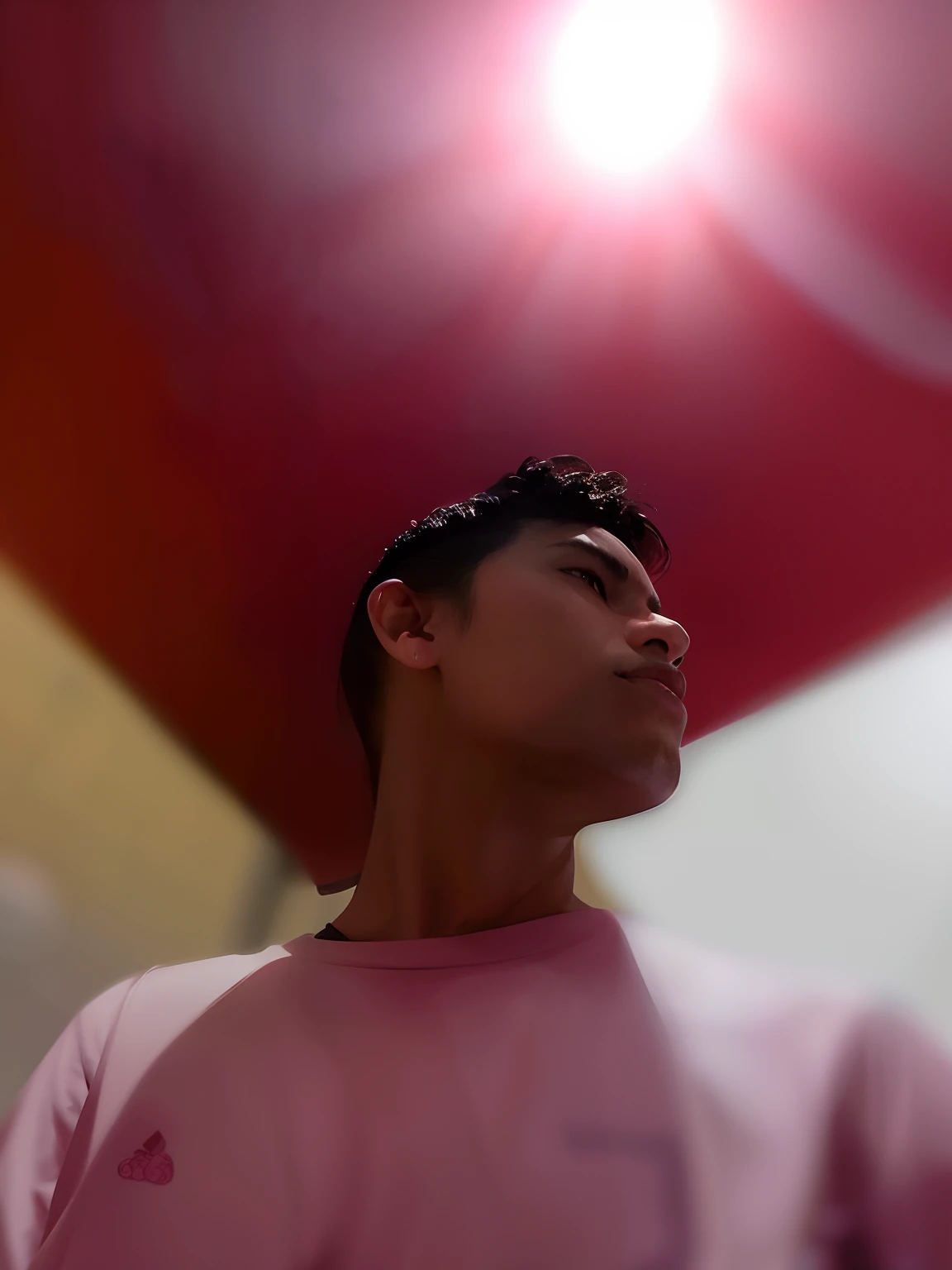 There is a man who is holding a red umbrella in the sky, fotografia de baixa qualidade, dessaturados!!, detailed unblurred face, suave em _ O pano de fundo, imagem frontal, imagem de qualidade muito baixa, foto modo retrato, looking to the side off camera, dessaturados, arte digital, mas foto, feito com photoshop, imagem desfocada, Com filtros do Instagram