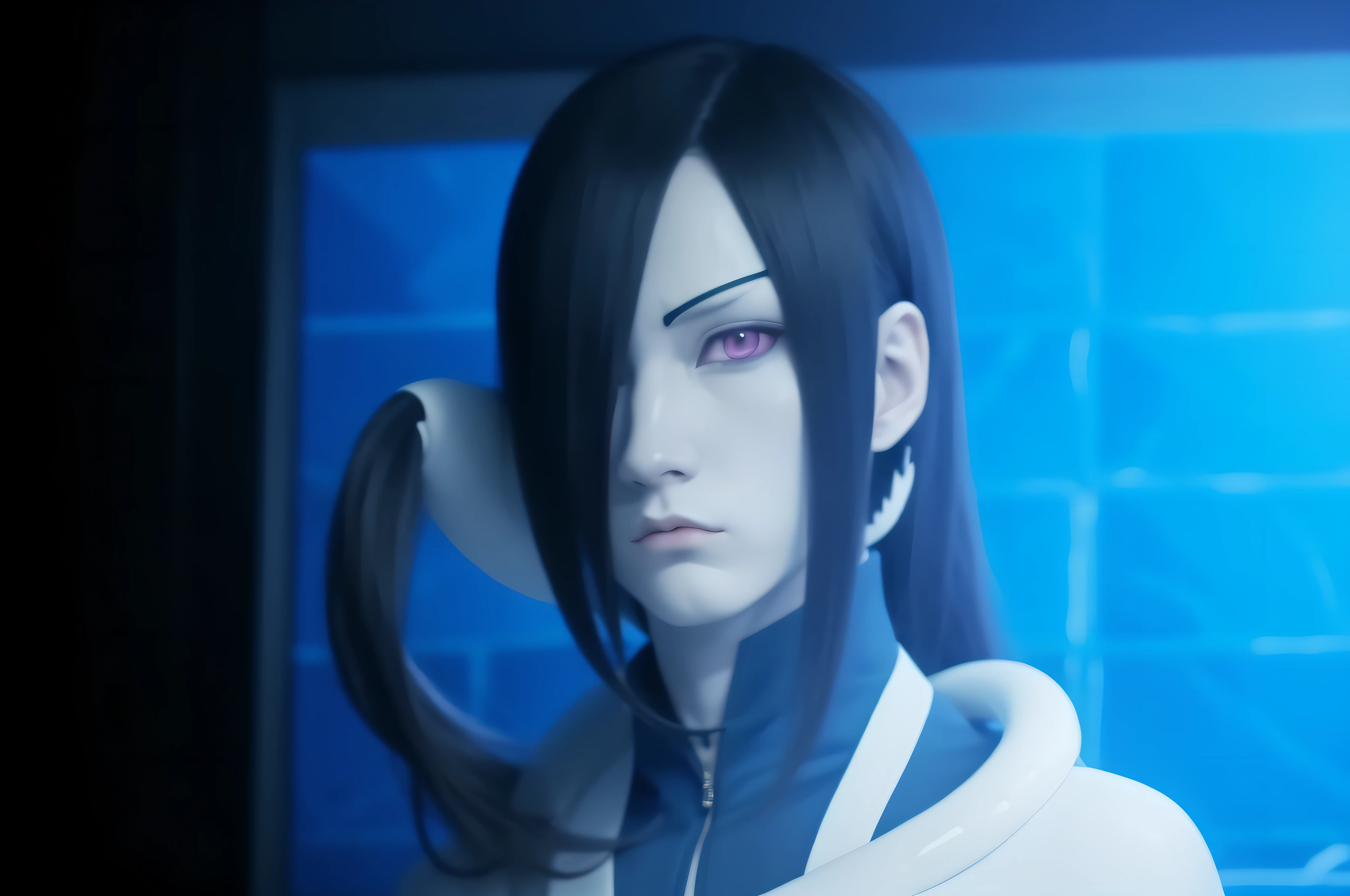 make this orochimaru become like a real human not a cartoon. orochimari is one of the characters in the naruto anime. She has a long hair. eyes sharp like a snake and the eyes are orange and on the eyes there is a sharp purple tattoo around the eyes. His skin is pale white.