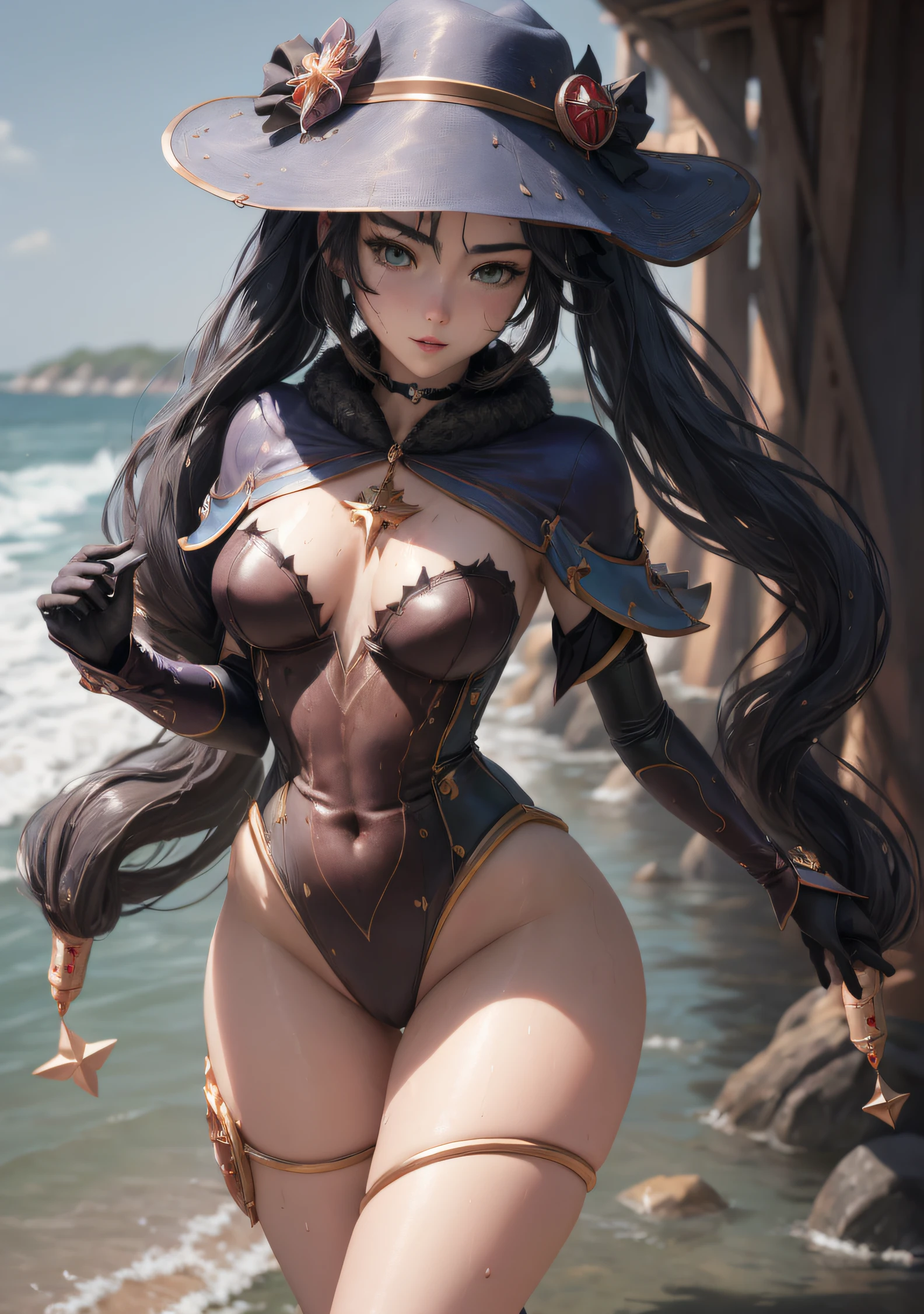 Girl standing on the beach and sexy looking at the camera, She is wet, Girl shows her breasts, ((The chest is wet)), Her hair is black, Slender figure, Appearance of the model, confusion, sexuality, Beautiful ears, Sexy Queen's Clothes, pantyhouse, black tights, little chest, You can see the, Sweet girl, attractive anime girl, beautiful anime girl, Cute beautiful anime woman, detailed digital anime art, beautiful anime girl, beautiful anime girl, Anime with small details, Best Quality, Masterpiece, Ultra-detailed, Beautiful, hight resolution, Original,CG 8K ультрареалистичный, perfect artwork, beatiful face, Face Clean, Skin, hyper realistic, Ultra Detailed, A detailed eye, dramatic  lighting, (Realistic) Realistic, Full HD, Best Quality, Best Quality, Beautiful lighting, (8k wallpaper of extremely detailed CG unit), High Details, sharp-focus, The art of dramatic and photorealistic painting, beautiful smile, The girl shows interest in her appearance, bare breast, bare wet feet, ((wet body)), No underpants, black gloves,