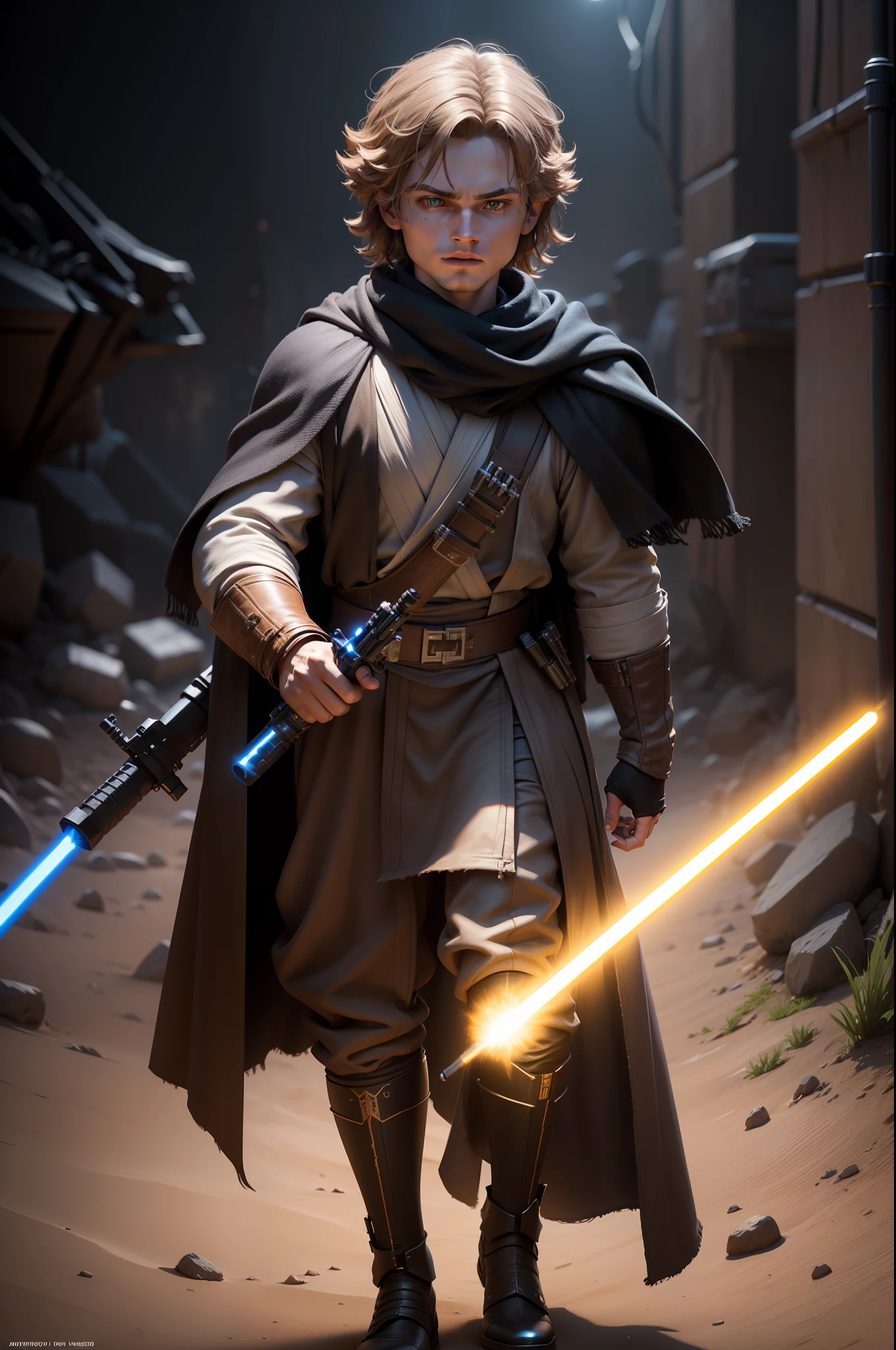 3d rendered character portrait of anakin skywalker, holding an off light saber, full pose, with scarf, unreal engine 5, concept art, vibrant colors, glow, trending on artstation, ultra high detail, ultra realistic, cinematic lighting, focused, 8k