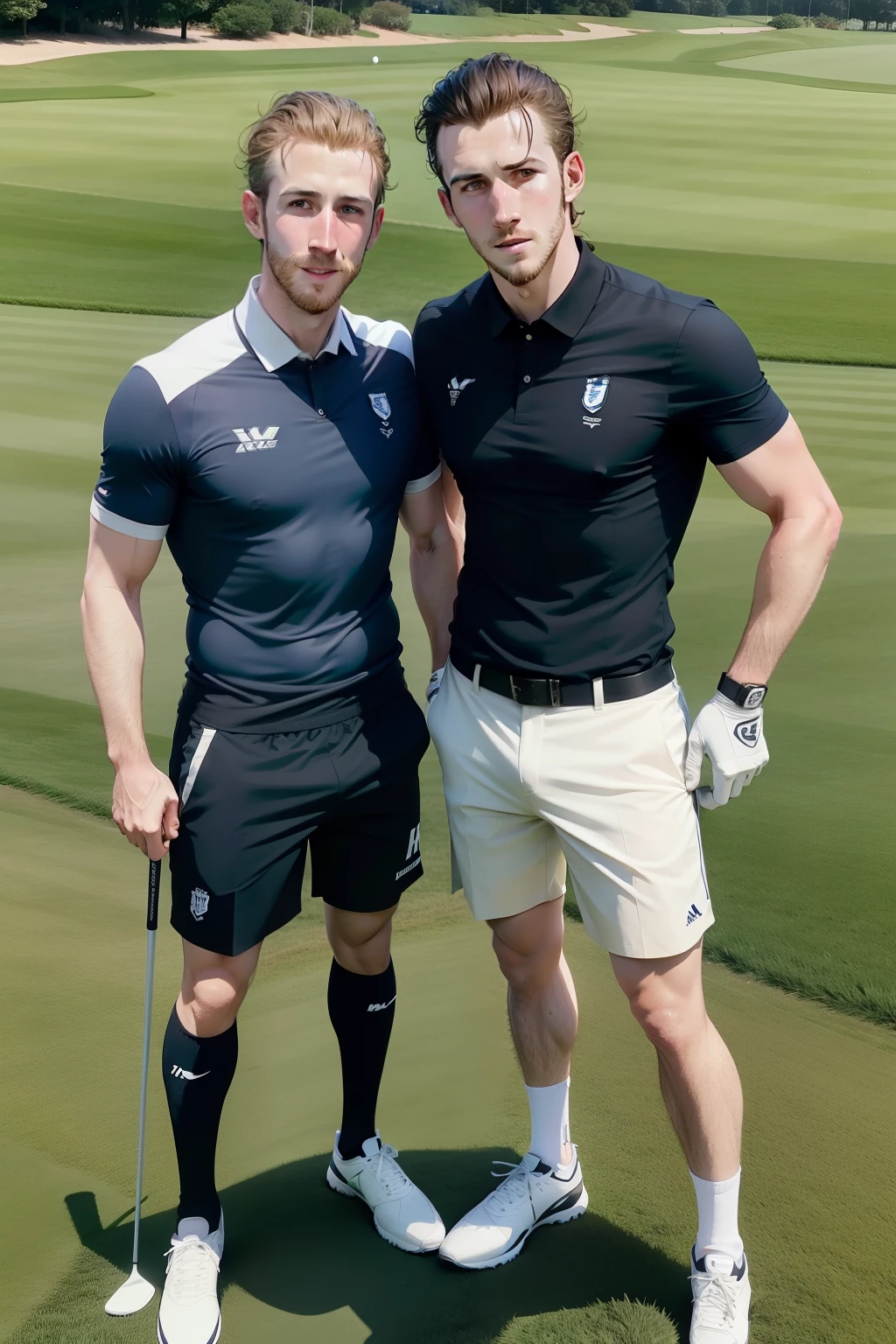 harry kane, play golf, with gareth bale, caddy, golf field, real life, hd, no anime,