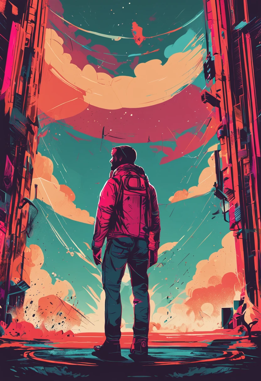 A man standing in front of a building with a backpack on his back ...