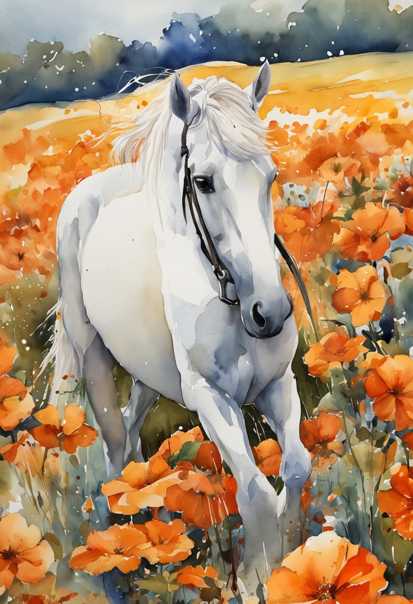 a white horse walking through an orange field of flowers, animated gifs