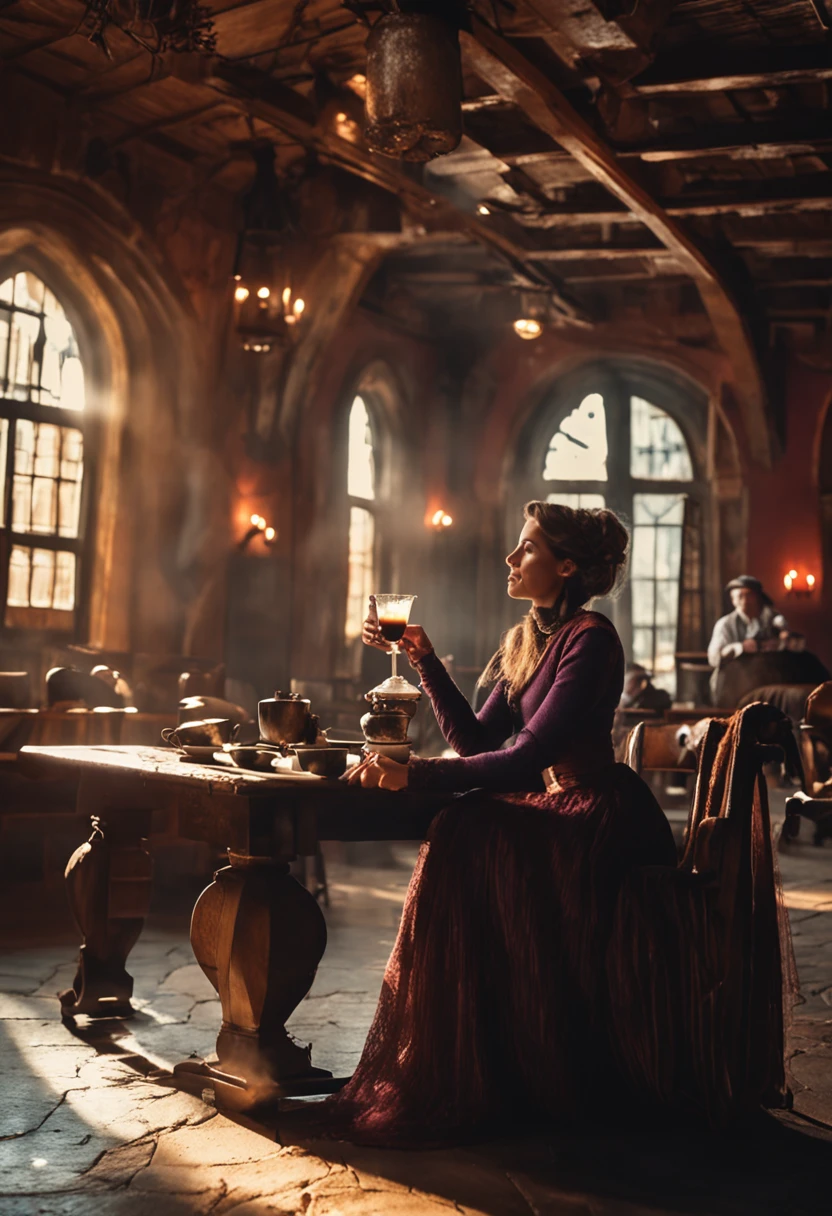 Uma foto de uma chefe inspiradora,A young woman drinking medieval-style coffee,great view,It portrays self-confidence.