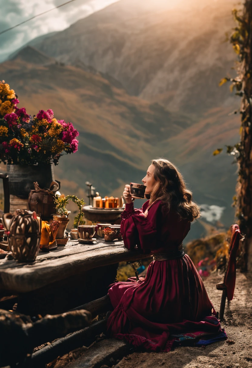 Uma foto de uma chefe inspiradora,A young woman drinking medieval-style coffee,great view,It portrays self-confidence.