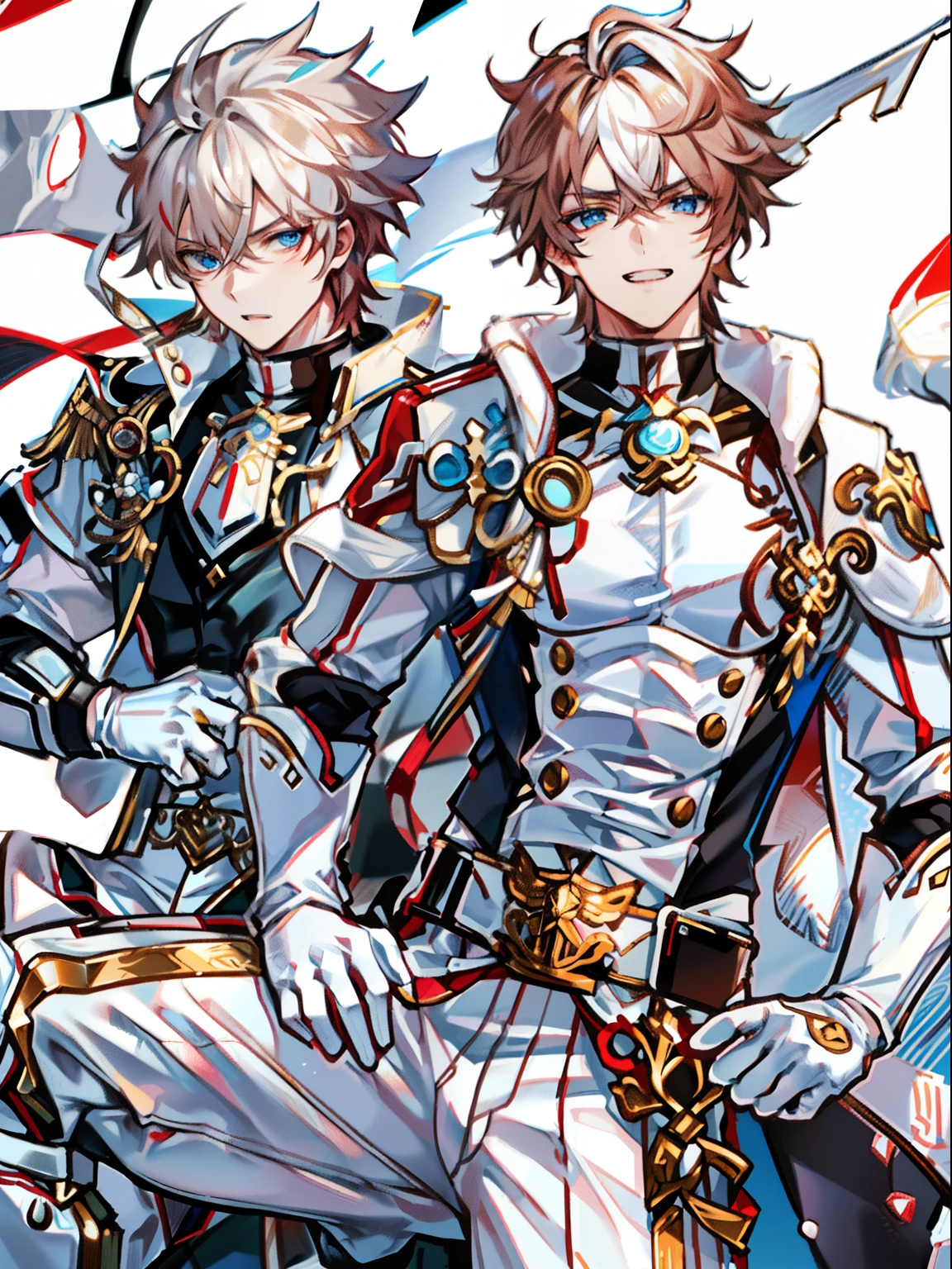 tmasterpiece,Best quality at best,(solo person),(Genshin Impact),mitts,Bulging muscles,(white business suit,white panties,tiese)Bulging of the pectoral muscles,White gloves,Abs,malefocus,1boy,White gloves,独奏,Brown hair,Blue eyes,blue capelet,hair between eye,((Bulging crotch)),Sexy,(Masterpiece, Best quality),(white business suit),self-assured,having fun,big laughter,white pantie, stand-up collared shirt, tiese, waistcoat, Open thickened glossy white leather jacket, Eight-pack abs, White leather mobile phone gloves, White trousers, Leather belt, spreading long thin legs, The erection,
