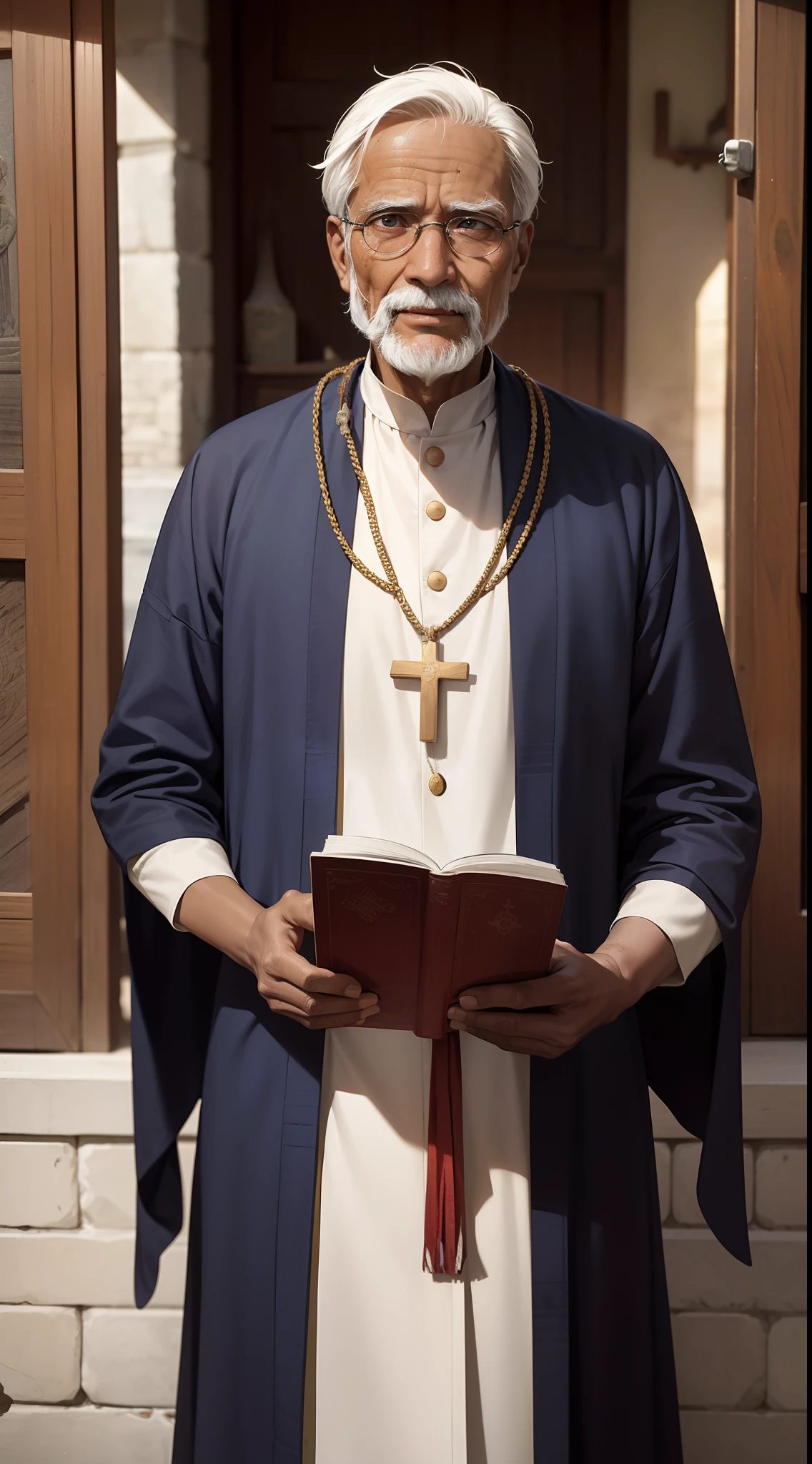 Matthew, India, India skin, India look, man, very old, weathered, wrinkle, age of 60, Christian priest or monk clothes, bearing wooden cross, happy, reunion, impressed, bearing a bible, 15th century, medieval age style, experienced, supportive, amiable, warm, holy, background is india city