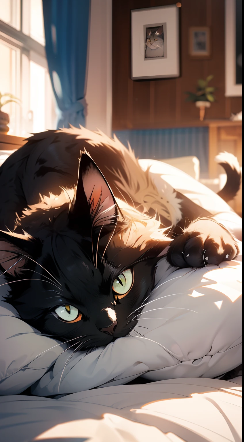 a cat laying in the bed, stomach up, cute, funny, cozy,4 paws, (masterpiece), best quality, ((cat)), animal, furr, cat focus, cat,