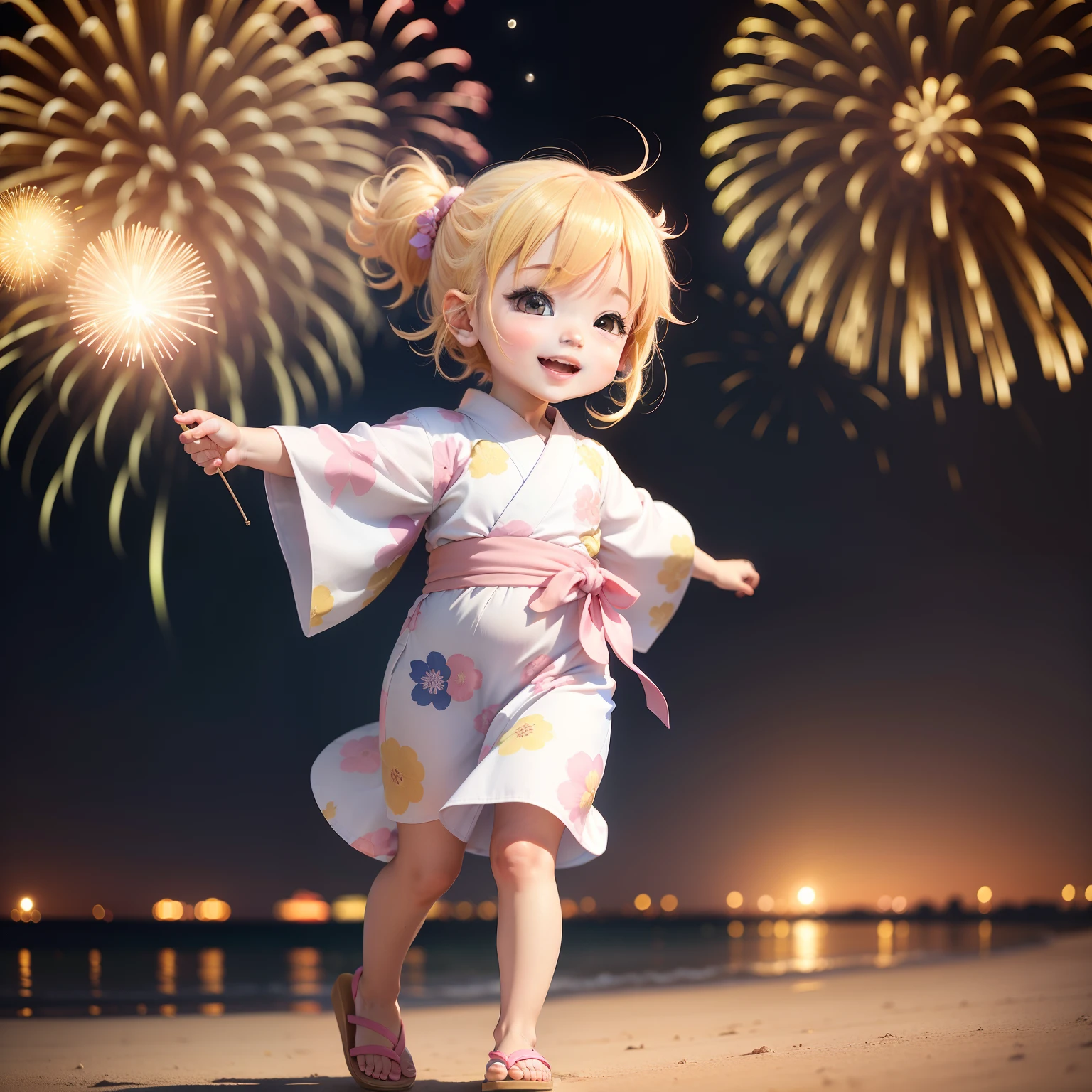 Cute Baby Chibi Anime,yellow hair,I look up with a big smile,white, Pink and blue yukata, sandal,Ras Al Khaimah New Year's Eve fireworks display