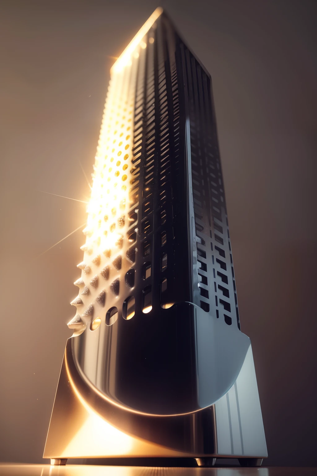 A low-angle shot of a cheese grater, com uma pilha de queijo ralado na hora em primeiro plano.