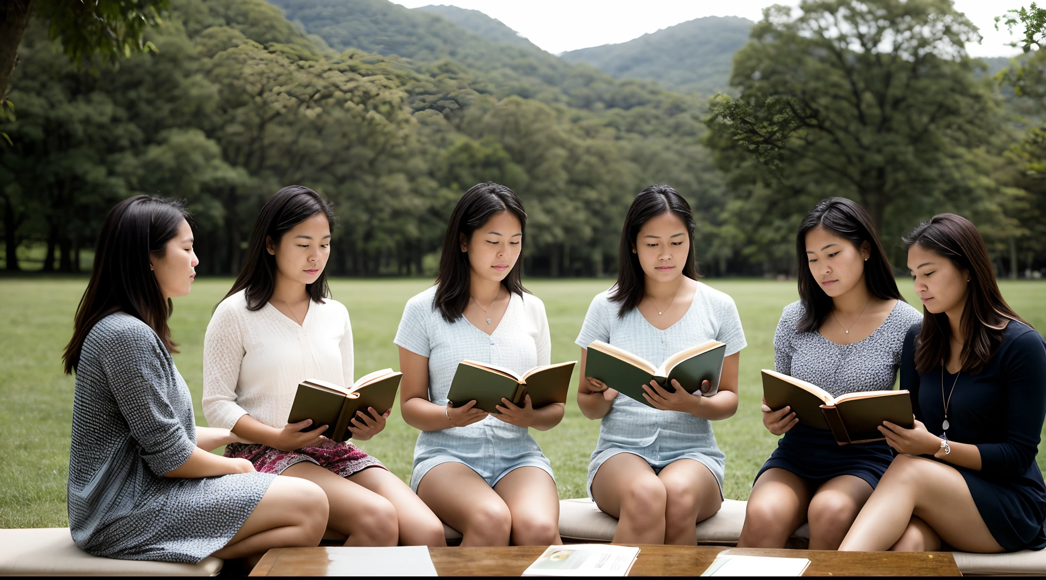 A candid shot capturing a group of women engrossed in their reading amidst a serene field, scholarly, focused, Canon EOS 5D Mark IV with 24-70mm f/2.8 lens, natural daylight, documentary photography.