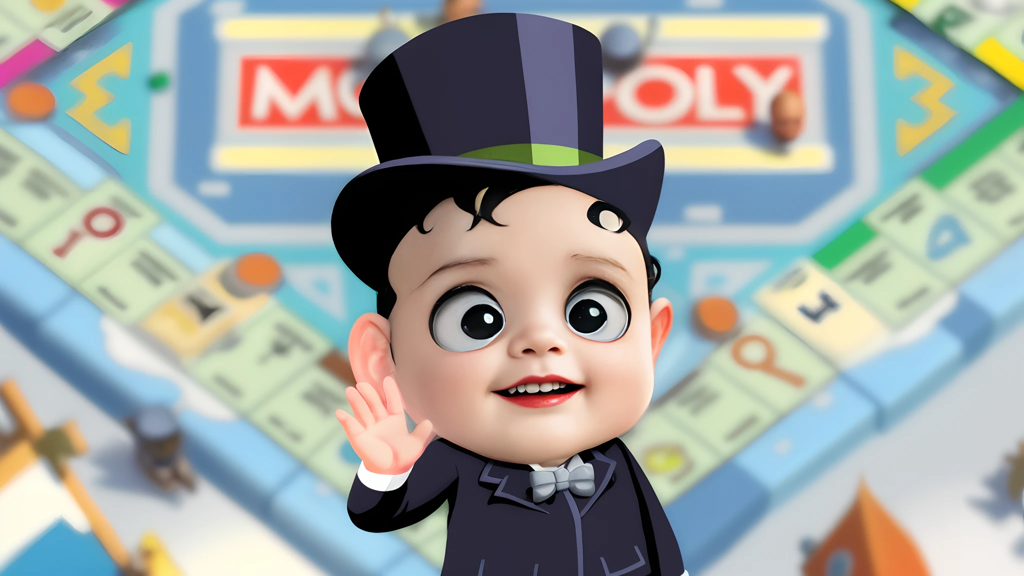 There is a caricature of a man in a top hat and a suit, largeeyes, kid, kewpie, 2040, Maxillopods, hughly detailed, kiddy big breasts, adolable, very creepy, next gen, dapper, Avareza, , Cartoon style, Mark Ryden style, Gamine, Alex, OMG, Mark Reiden(Mark Ryden)style of