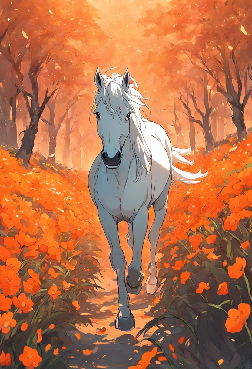a white horse walking through an orange field of flowers, animated gifs