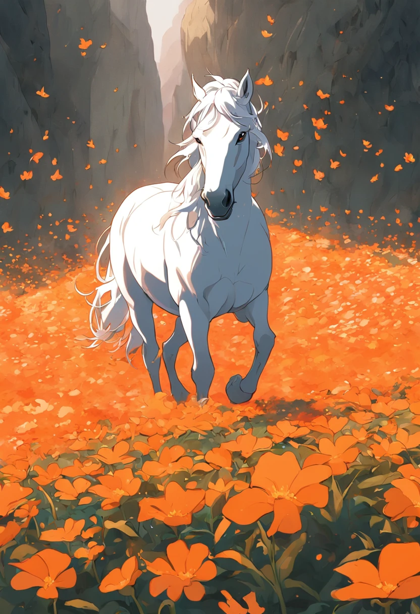 a white horse walking through an orange field of flowers, animated gifs
