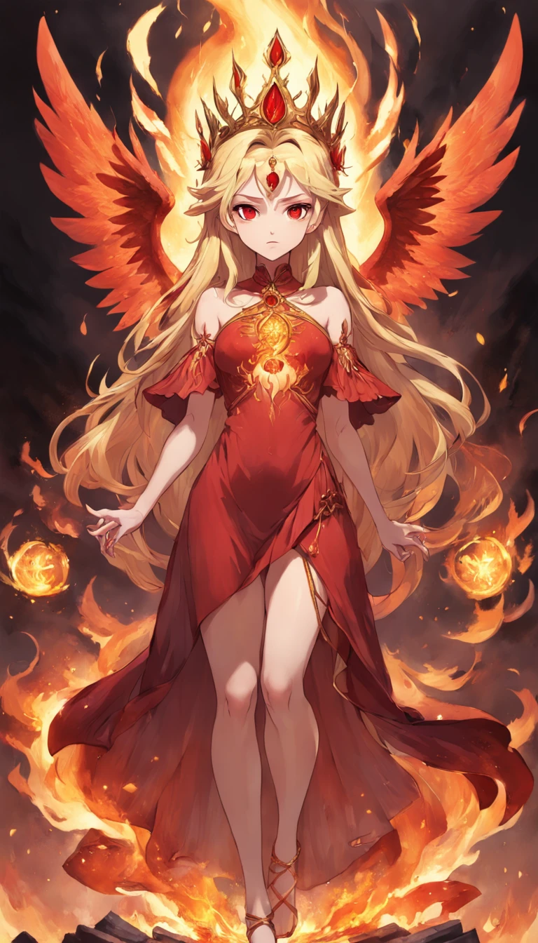 Wearing a crown, Woman in red dress, the fire goddess, medieval, Phoenix wings, the fire queen, female lord of change, baroque hibiscus queen, goddess of anger, a queen, pagan goddess, There is a flame under the soles of the feet, Cloak, Stand sideways, full bodyesbian, Tilt your head slightly, eye closeds, Hold the gem high
