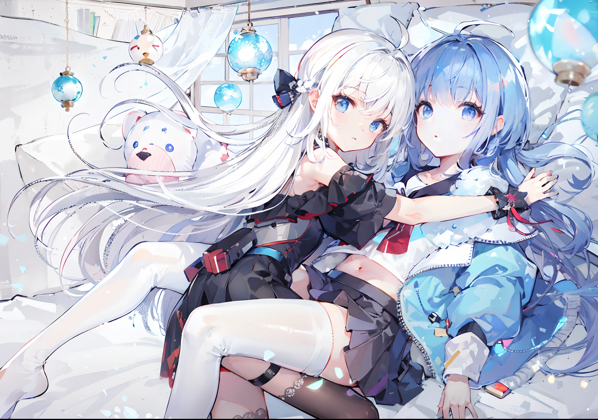 Anime couple hugging snow and Christmas lights in bed, azur lane style, A scene from the《azur lane》videogame, style of anime4 K, 《azur lane》role, Kantai collection style, Pisif style, white haired Cangcang, White-haired, two beautiful anime girls, Pisif, Digital art on Pisif , trending on artstation pixiv