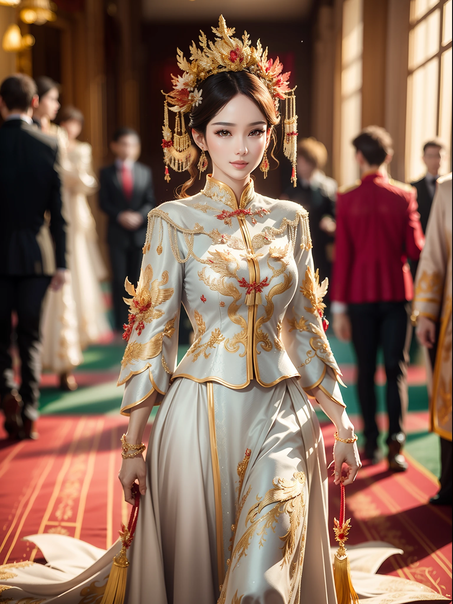 A woman wearing a white dress with gold trim walked on the red carpet in the middle of the wedding hall, wearing a golden phoenix crown headdress with delicate facial features, beautiful makeup, high-quality, ultra-high details, best quality, ultra-high resolution, (realistic: 1.4), cinematic light, depth of field, beautiful face, (PureErosFace_V1:0.8),