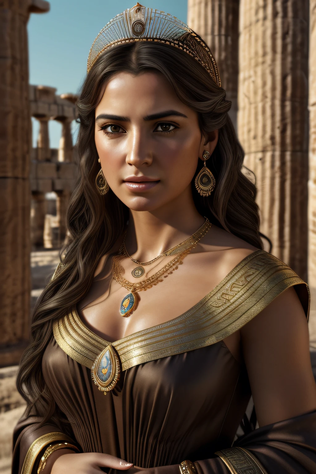 (piece of master), (best quality), cinemactic, photorealism, rendered, Realistic, ultra detailed, perfect face, portrait frame, chest up, Greek princess, 30 year old woman, ancient princess, brown eyes, detailed dress, necklaces , accessories, earrings, a beautiful ancient princess, dark hair, front, beautiful