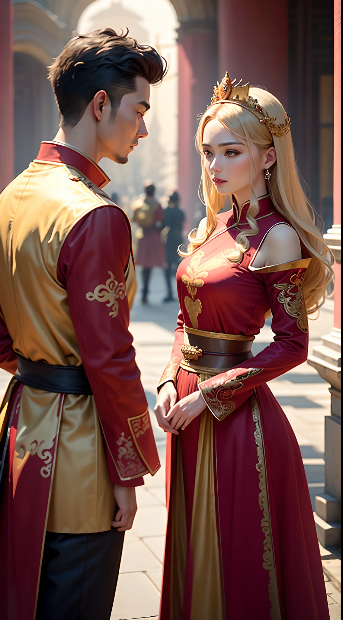 (Best quality: 1.1), (Realistic: 1.1), (Photography: 1.1), (highly details: 1.1), (two guys),(A woman in a red and gold dress and a golden crown), ( A man wearing ancient Chinese Han clothes), (Look at each other),View outside the royal palace