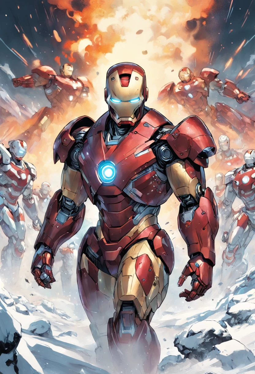 Iron Man battles an army of robots on a snowy battlefield, full bodyesbian, far, AB JLEE3, Complex facial details for all characters, Expressive eyes and nose and mouth, unzoom, author：Jim Lee Right Section Centered, Key, Visual, Complex, Highly Detailed, Breathtaking, Precise Line Art, Vibrant Panorama Film