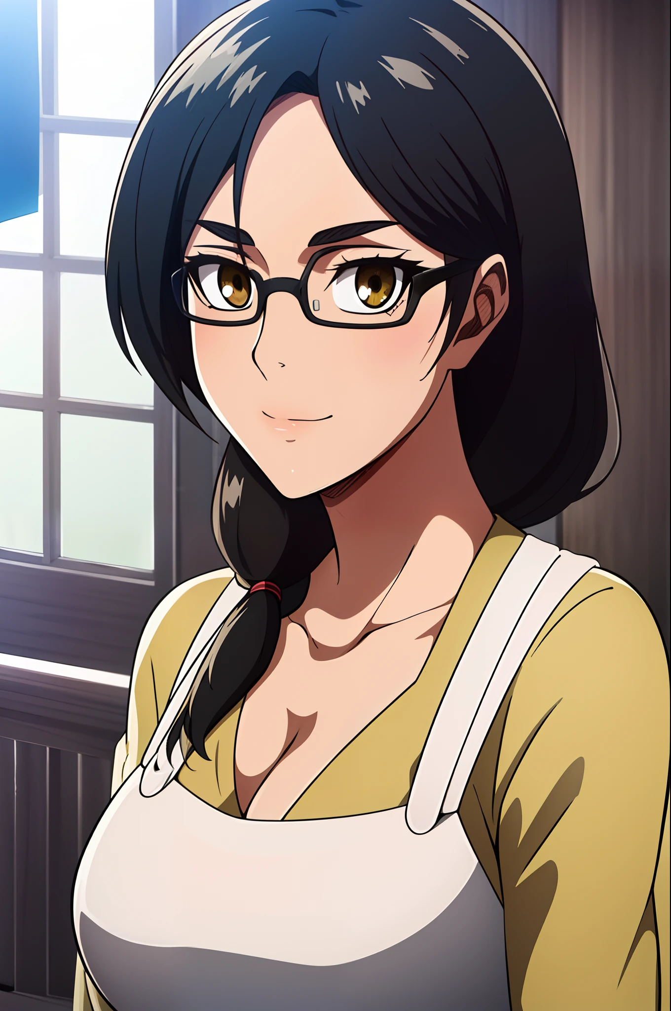 (day:1.7),next to a building with a window and a railing in the background,
Standing at attention,
Yellow Shirt,cleavage, collarbone, long sleeves,White apron,
black eyes,  brown eyes, Bangs, single braid, 
1 girl, 20yo,Young female,Beautiful Finger,Beautiful long legs,Beautiful body,Beautiful Nose,Beautiful character design, perfect eyes, perfect face,expressive eyes,
looking at viewer, in the center of the image,(Upper_body),(close-Up),(Focus on her face),
official art,extremely detailed CG unity 8k wallpaper, perfect lighting,Colorful, Bright_Front_face_Lighting,shiny skin, 
(masterpiece:1.0),(best_quality:1.0), ultra high res,4K,ultra-detailed,
photography, 8K, HDR, highres, absurdres:1.2, Kodak portra 400, film grain, blurry background, bokeh:1.2, lens flare, (vibrant_color:1.2)
(Beautiful,large_Breasts:1.4), (beautiful_face:1.5),(narrow_waist), (((glasses:0.9))), ((tsundere)), tall, beautiful, medium breast, ((round eyewear:0.9)), ((military pants:0.5)), ((polo shirt:0.4))