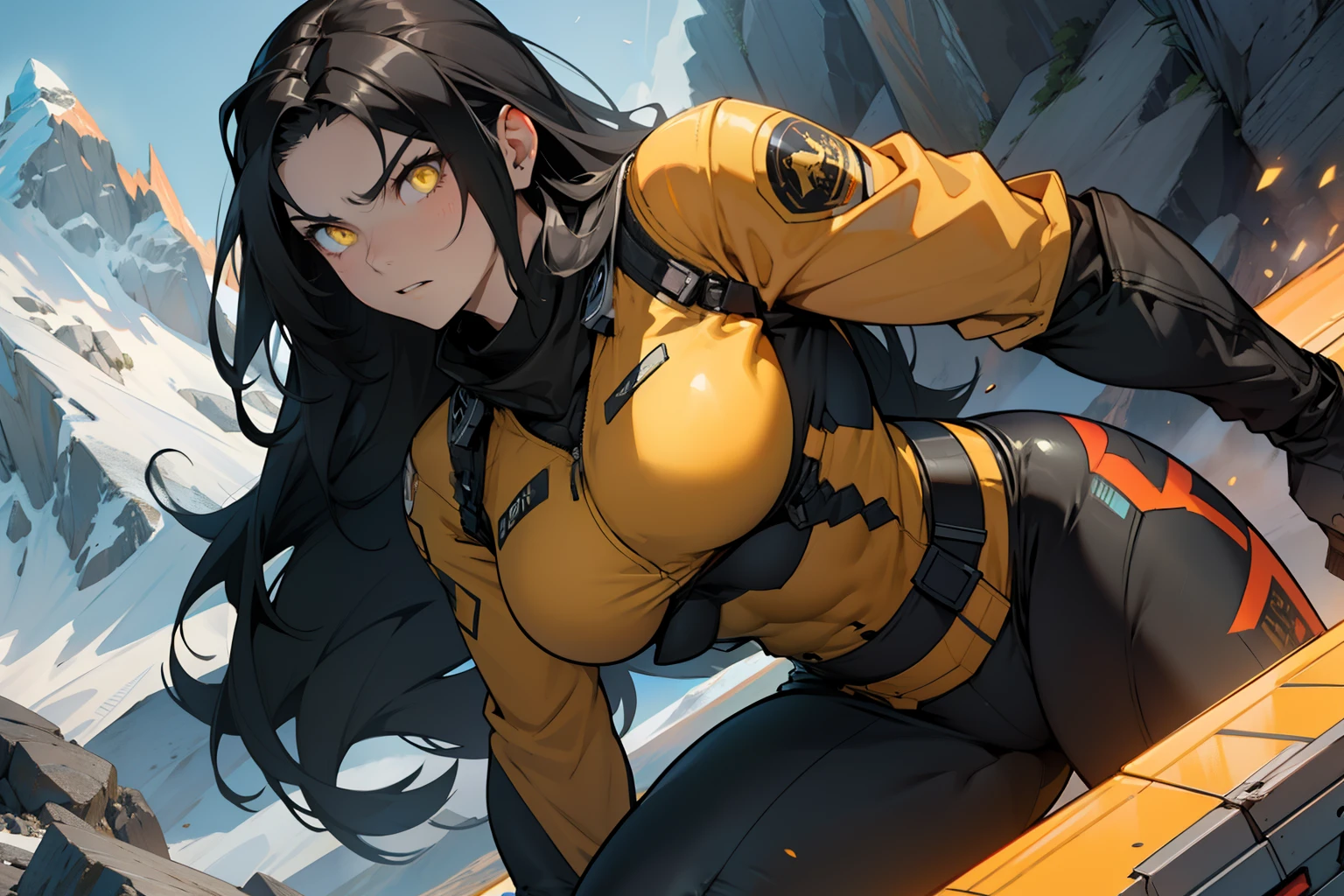 1 girl, solo, very long hair, busty, ((((very muscular)))), thick thighs, black hair, yellow eyes, pale skin, angry, (ultra detailed eyes), ((pilot suit)), mountain range