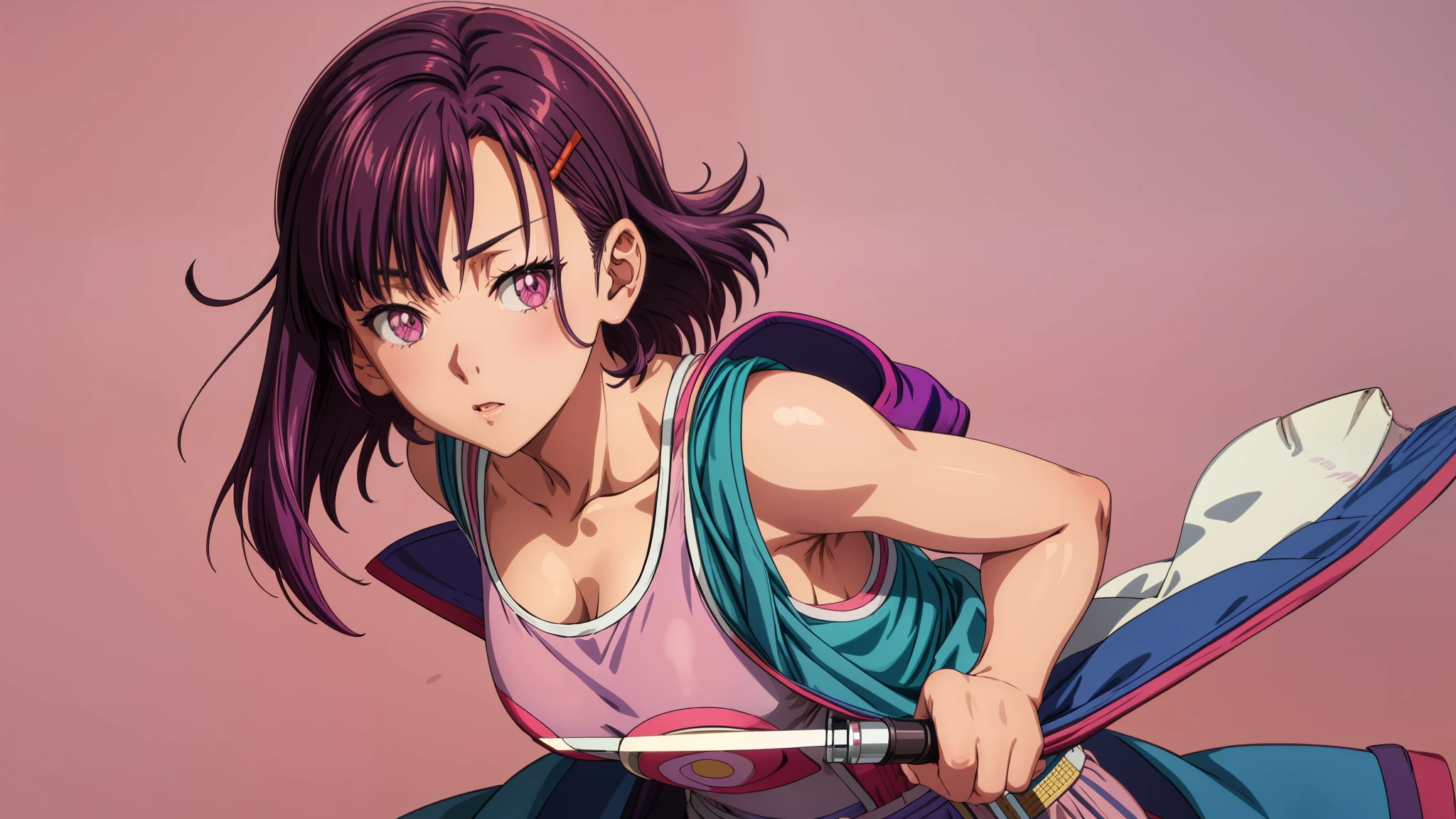 1girl, (shizuka mikazuki), focused upper body, realistic, (short purple hair and hair clip), purple eyes, standing pose, (pink tanktop and pink skirt, blue jacket), purple background