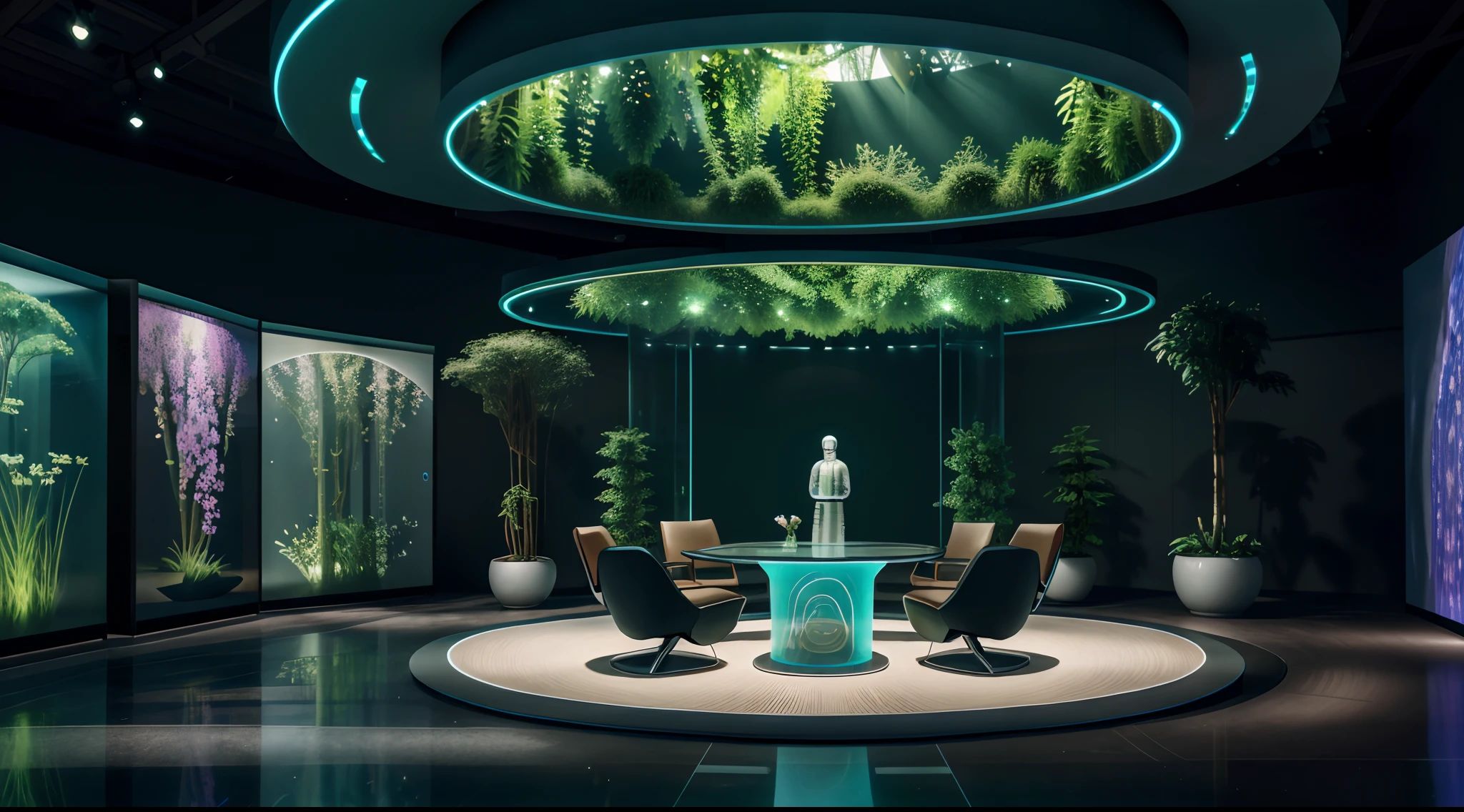 Enclosed indoor space, Bai,Lawn and flowers,, High-end pension industry exhibition hall, High-tech exhibition hall of health care industry, Nature meets technology, The indoor forest integrates a variety of high-tech display equipment and interactive platforms, There are many LED displays between green plants and flowers, Holographic devices and digital humans, An old Chinese strolling through it, nature harmony,big breasts beautiful, Harmonious immersive exhibition experience center, There is a transparent cylinder in the middle of the space, Show a beautiful Chinese girl holographic transparent image,The space has 2 anthropomorphic service robots, and various data and UI interfaces,There are some casual seats with a sense of artistic design,There is an interactive interactive console,