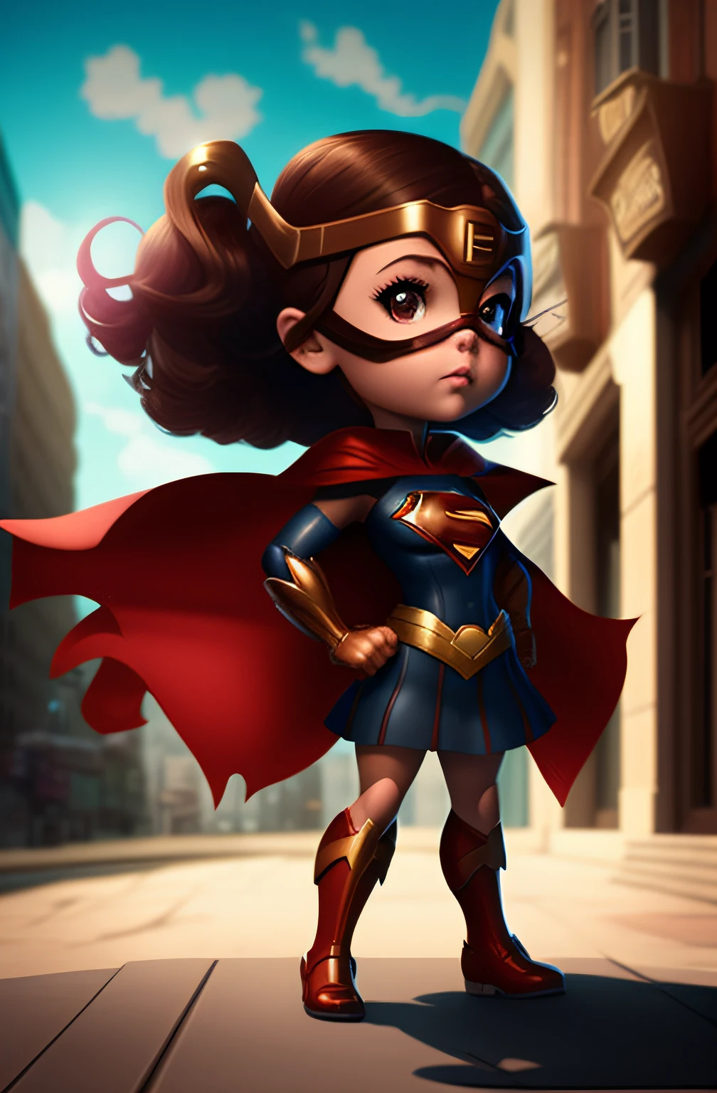 a cartoon girl dressed as a superhero standing in front of a building, super-hero girl, artgerm and lois van baarle, childrens art in artstation, superhero portrait, style artgerm, artgerm style, steampunk superhero, by JoWOnder, nerdy black girl super hero, in style of marvel and dc, loish van baarle