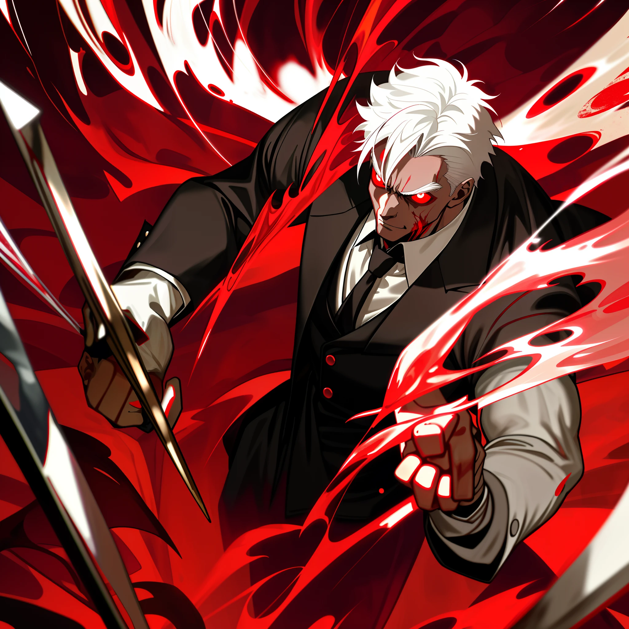 One guy,with short white hair,middle aged man,Blood-red eyes,Beast elements,Red, black and white gentleman's dress,Muscular burst,The background is at a luncheon,Vampire element,light black skin,4K,high light,The lighting effect is enhanced,The Tyndall effect strengthens,Holding a glass of red wine in his hand