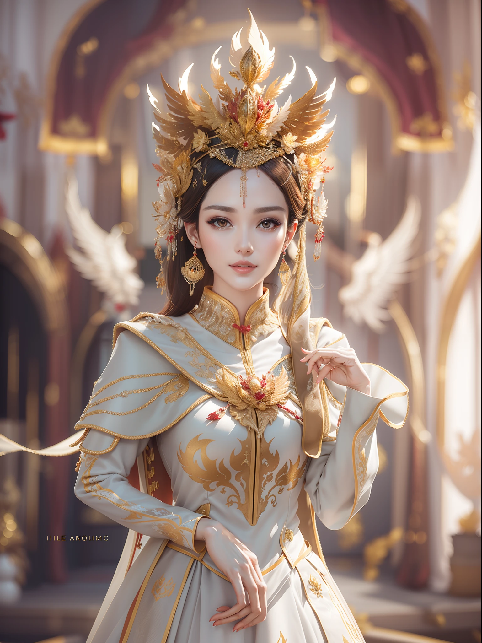 A woman wearing a white dress with gold trim walked on the red carpet in the middle of the wedding hall, wearing a golden phoenix crown headdress with delicate facial features, beautiful makeup, high-quality, ultra-high details, best quality, ultra-high resolution, (realistic: 1.4), cinematic light, depth of field, beautiful face, (PureErosFace_V1:0.8),