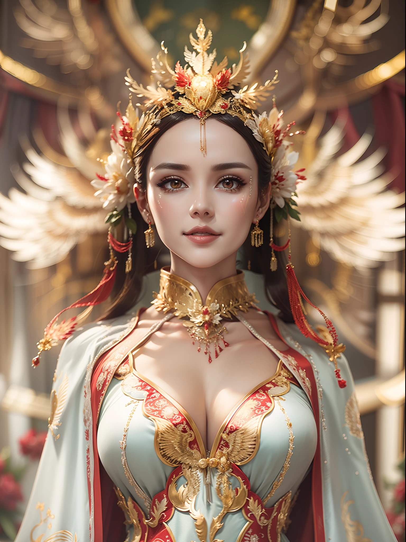 A woman wearing a white dress with gold trim walked on the red carpet in the middle of the wedding hall, wearing a golden phoenix crown headdress with delicate facial features, beautiful makeup, high-quality, ultra-high details, best quality, ultra-high resolution, (realistic: 1.4), cinematic light, depth of field, beautiful face, (PureErosFace_V1:0.8),