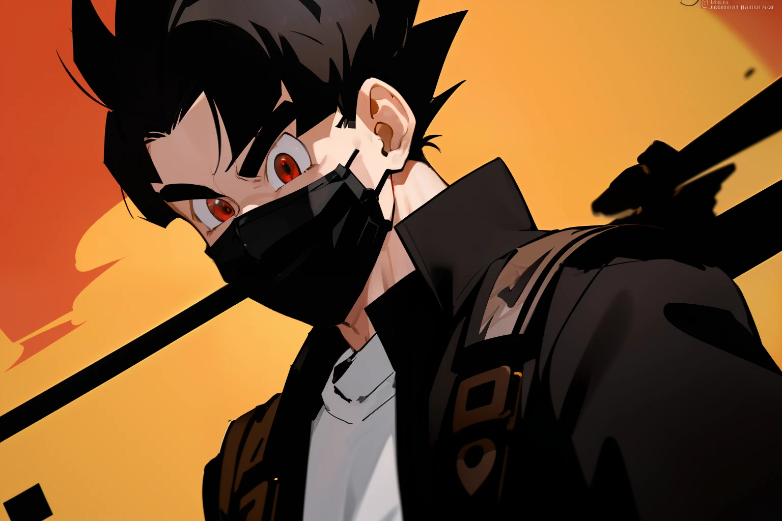 "(((masterpiece)))), best quality, ultra-detailed model, 8k CG unity photo, flawless lighting, quality shadows, a Dragon Ball boy, pushed back haircut , muscle , wearing a black jacket over a white t-shirt , black ClothMask , red eyes , in the night background , black gloves , black mask in his mouth , BLACK JACKET , over the jacket a WHITE SHIRT , BLACK HAIR