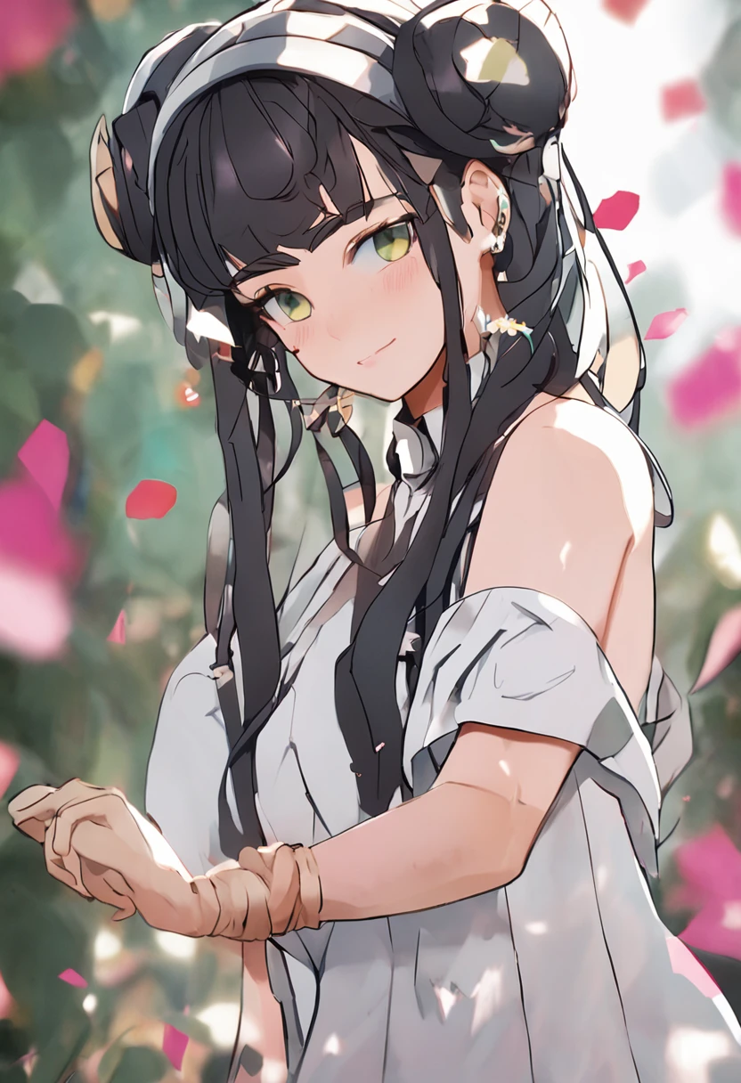 black hair, hair bobbles, longeyelashes, solid circle eyes, fake animal ears, light smile, ear blush, fang, hair over shoulder, beret, Surrealism, drop shadow, anaglyph, stereogram, tachi-e, pov, atmospheric perspective, Monet, 8k, super detail, ccurate, best quality, UHD