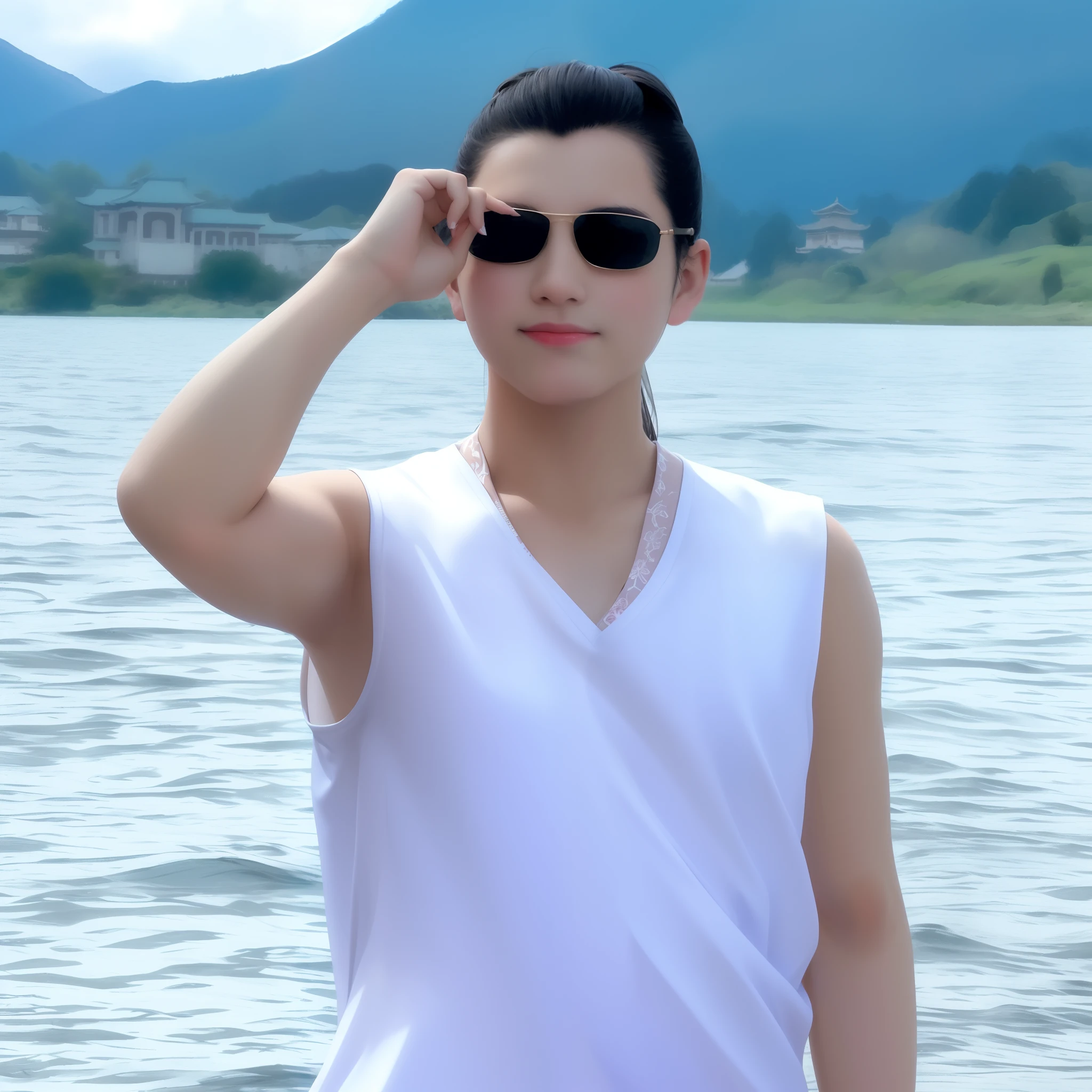 ((4k,masterpiece,best quality)), shuimobysim, traditional chinese ink painting, lotus, hanfu, maxiskit, dress conservatively
1girl, solo, long blue hair, smile, standing, feet in the water, barefoot,