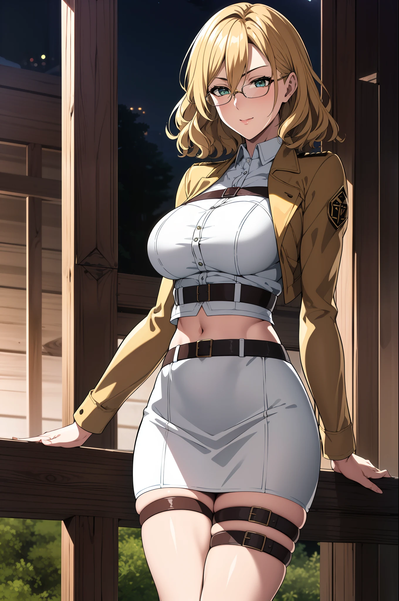 (Night:1.7), Forest background,
Standing at attention,
belt,brown jacket,long sleeves,thigh strap,white shirt, military uniform, pencil_skirt,pantyhose, thighs,midriff, navel,
blonde hair,Green eyes,bangs,wavy short hair, (hair between eyes:1.3),
1 girl, 20yo,mature female,Beautiful Finger,Beautiful long legs,Beautiful body,Beautiful Nose,Beautiful character design, perfect eyes, perfect face,
looking at viewer,official art,extremely detailed CG unity 8k wallpaper, perfect lighting,Colorful, Bright_Front_face_Lighting,
(masterpiece:1.0),(best_quality:1.0), ultra high res,4K,ultra-detailed,
photography, 8K, HDR, highres, absurdres:1.2, Kodak portra 400, film grain, blurry background, bokeh:1.2, lens flare, (vibrant_color:1.2), (beautiful_face:1.5),(narrow_waist), (((glasses:0.9))), ((tsundere)), tall, beautiful, medium breast, ((round eyewear:0.9)), ((military pants:0.5)), ((polo shirt:0.4))