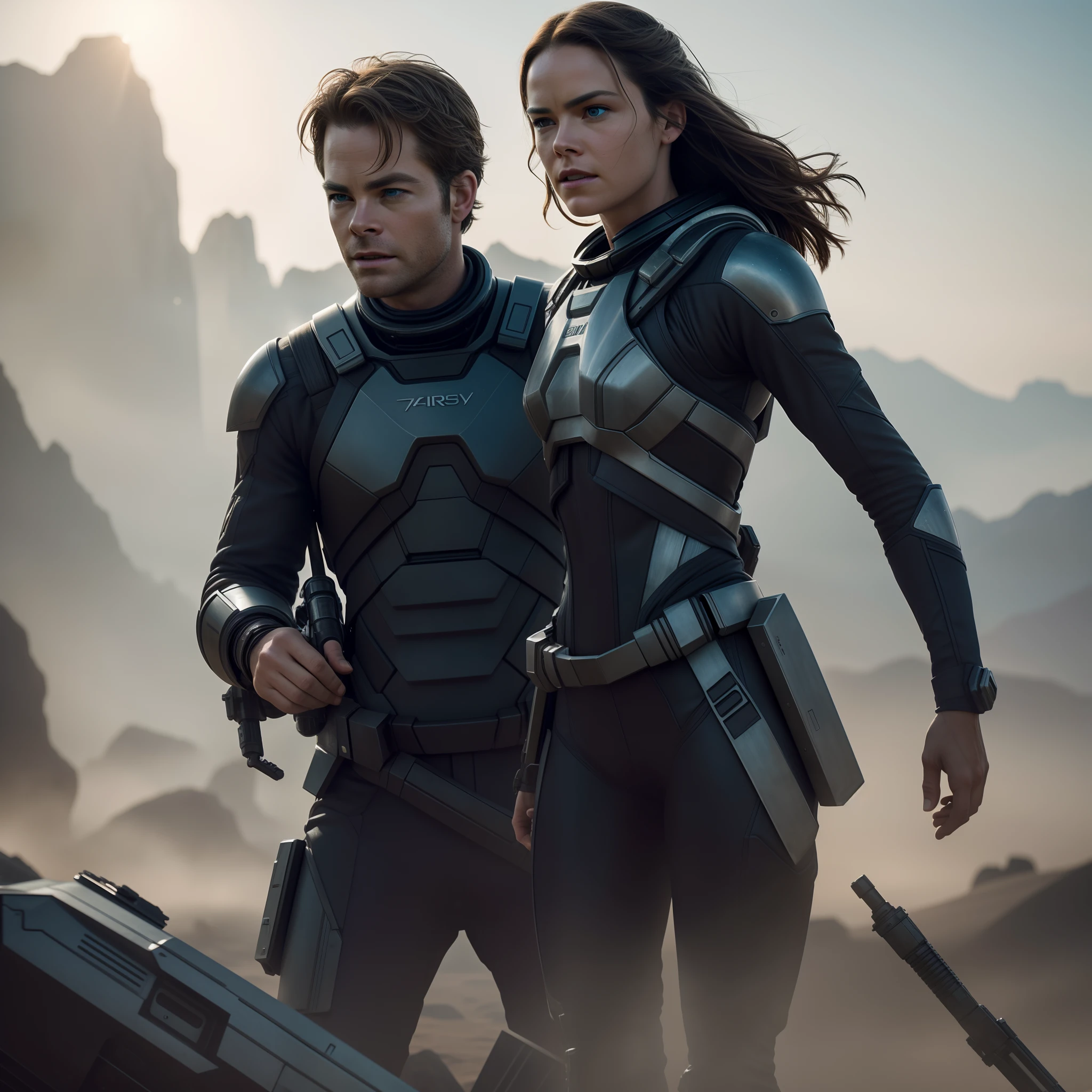 a close up action shot of epic Sci fi Chris Pine and Hot Daisy Ridley adventure , Detailed clothing details, Liquid effect, space, Interstellar battlefield photography, natural light, photorealism, cinematic rendering, ray tracing, the highest quality, the highest detail, Cinematic, Third-Person View, Blur Effect, Long Exposure, 8K, Ultra-HD, Natural Lighting, Moody Lighting, Cinematic Lighting