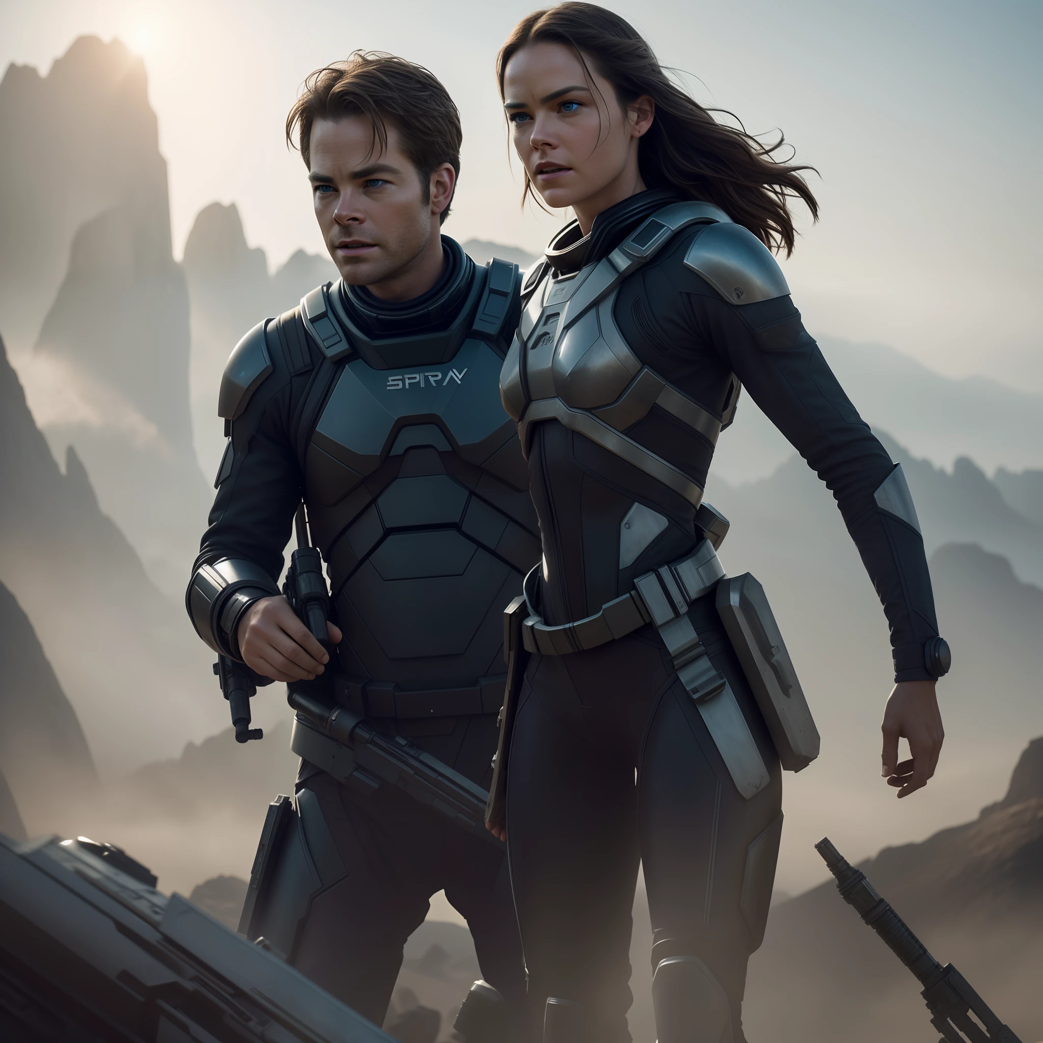 a close up action shot of epic Sci fi Chris Pine and Hot Daisy Ridley adventure , Detailed clothing details, Liquid effect, space, Interstellar battlefield photography, natural light, photorealism, cinematic rendering, ray tracing, the highest quality, the highest detail, Cinematic, Third-Person View, Blur Effect, Long Exposure, 8K, Ultra-HD, Natural Lighting, Moody Lighting, Cinematic Lighting