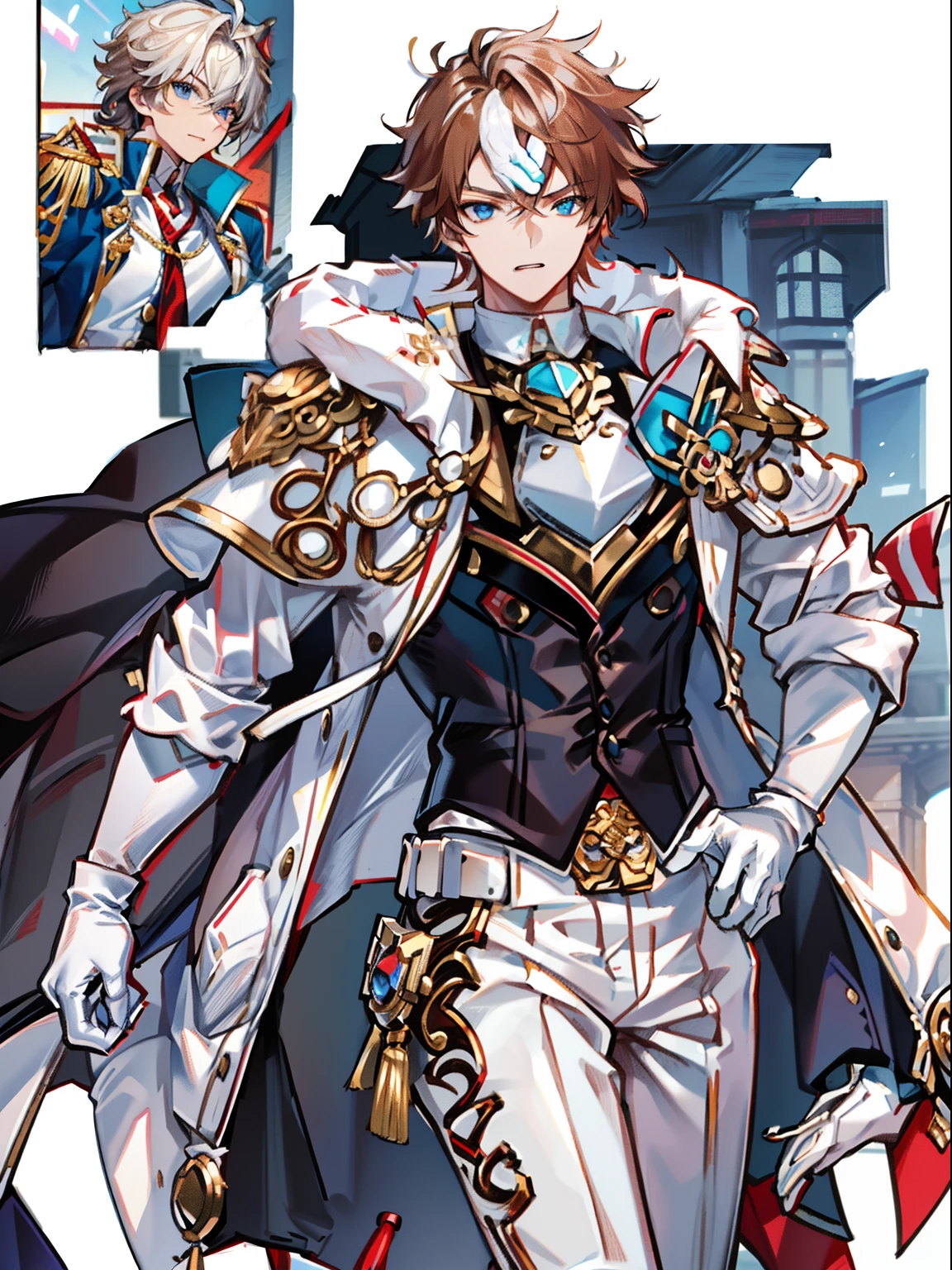 tmasterpiece,Best quality at best,(solo person),(Genshin Impact),mitts,Bulging muscles,(white business suit,white panties,tiese)Bulging of the pectoral muscles,White gloves,Abs,malefocus,1boy,White gloves,独奏,Brown hair,Blue eyes,blue capelet,hair between eye,((Bulging crotch)),Sexy,(Masterpiece, Best quality),(white business suit),self-assured,having fun,big laughter,white pantie, stand-up collared shirt, tiese, waistcoat, Open thickened glossy white leather jacket, Eight-pack abs, White leather mobile phone gloves, White trousers, Leather belt, spreading long thin legs, The erection,