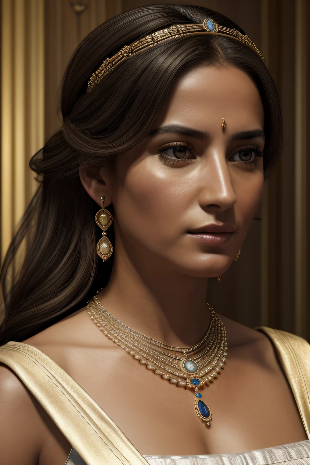 (piece of master), (best quality), cinemactic, photorealism, rendered, Realistic, ultra detailed, perfect face, portrait frame, chest up, greek princess, 30 year old woman, white woman, light skin, ancient princess, eyes browns, detailed dress, necklaces, accessories, earrings, a beautiful ancient princess, dark hair, from the front, beautiful