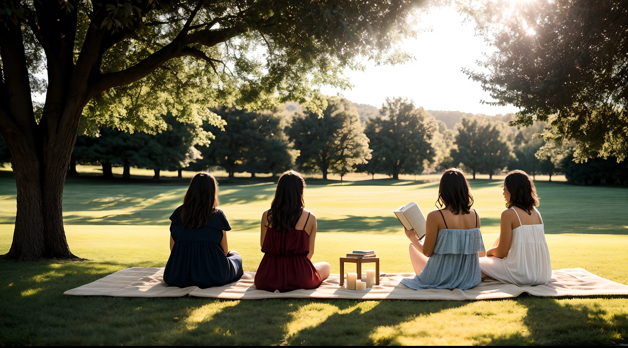 instagram photo, A thoughtful composition featuring women immersed in their literature studies under the open sky, scholarly, peaceful, Nikon Z6 II with 50mm f/1.8 lens, soft morning light, lifestyle photography.