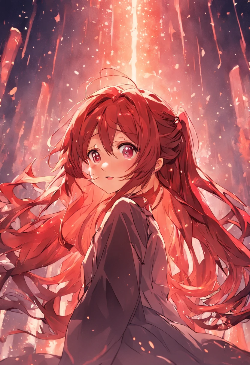 Red long-haired, Adults，hot girls，25 age old，One hand ruffled his hair，Smiling, ember, top-quality, tmasterpiece