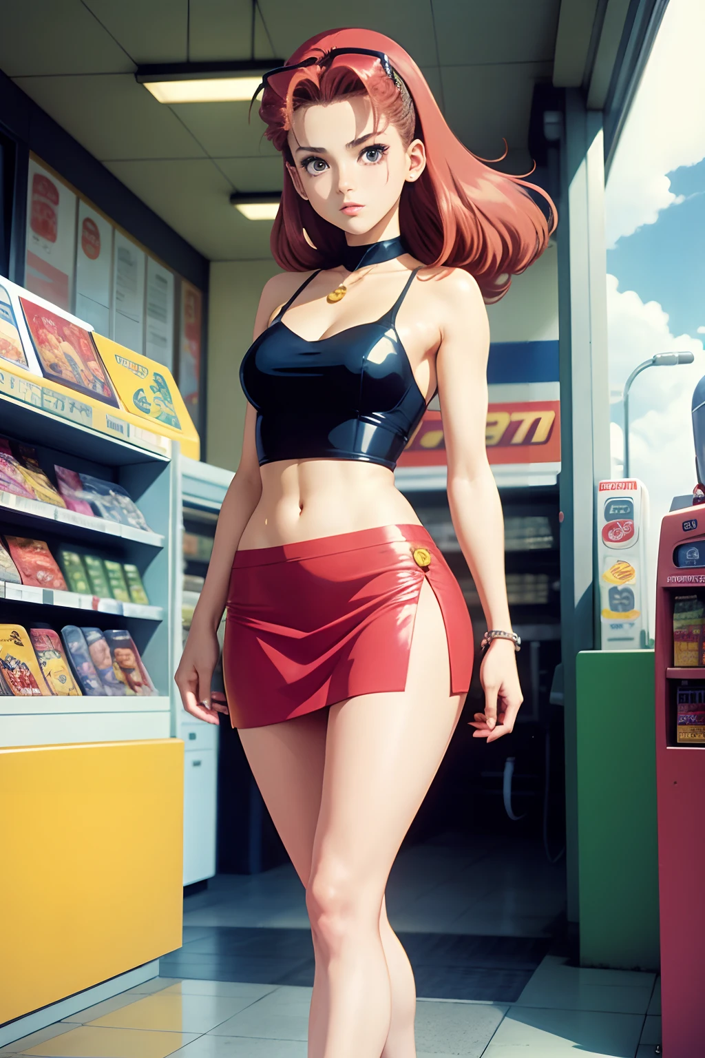 Vintage 90's anime style. stylish model posing in 7/11 convenience store., sci-fi. --auto