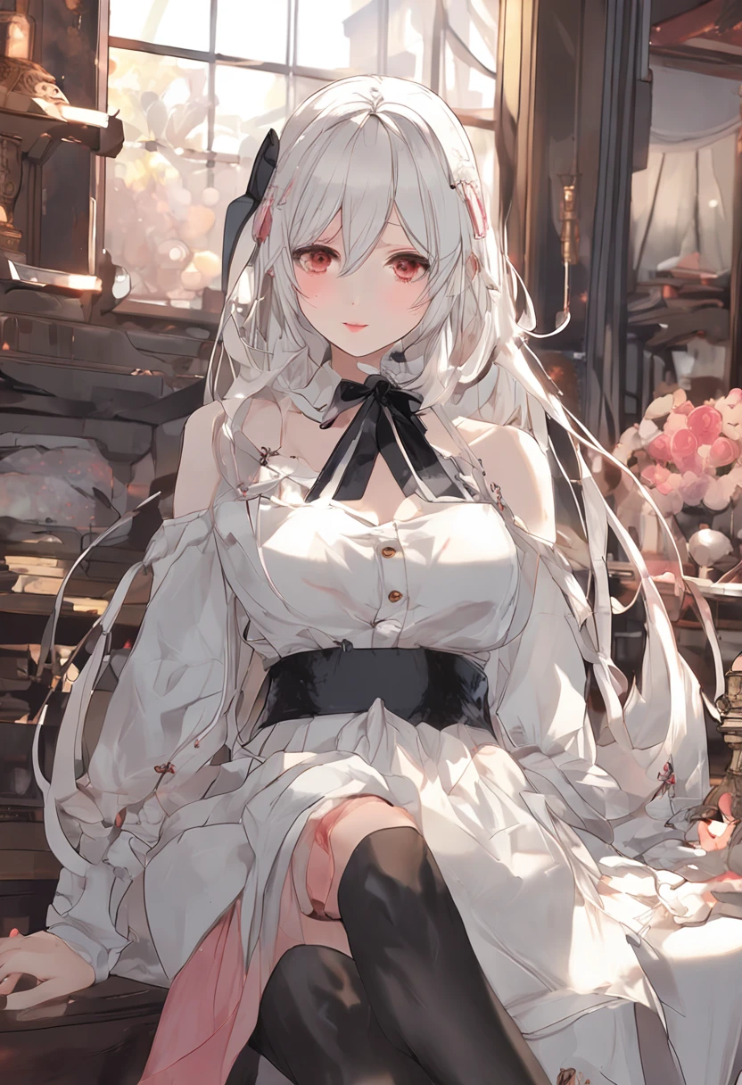 White hair, Anime Beautiful Girl，Long white fishnet socks，Superskirt，Spread your legs，Go to bed