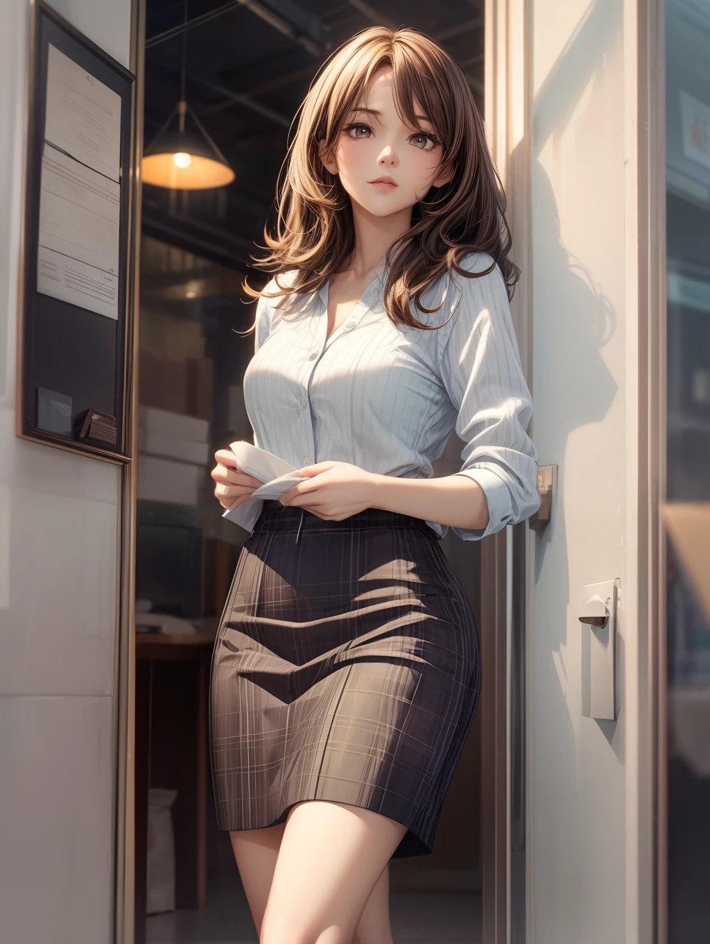 Best Quality, masutepiece, beautiful mature women、Beautiful face、Strong-minded woman、Office Suits、brown haired、Brown-eyed、Longhaire、Undersized eyes、Hold out a small paper bag、Full body like